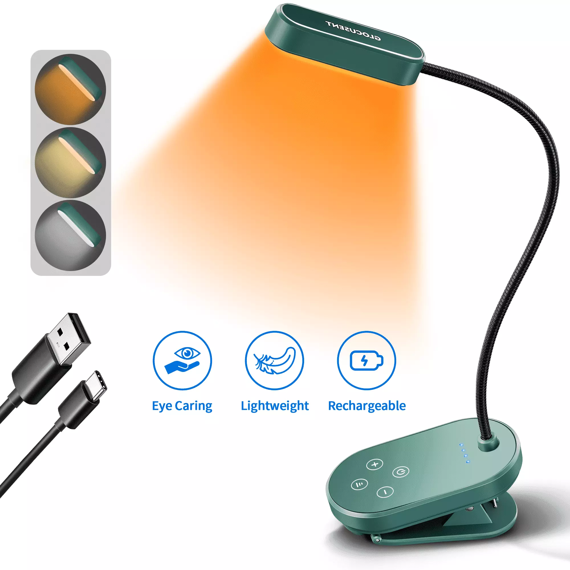 Glocusent Rechargeable Clip-on Reading Light for Books in Bed. Amber LED Book Light with Blue Light Blocking. 3 Color Modes & 5 Brightness Dimmable. Long Lasting for 80+ Hours. Perfect for Bookworms