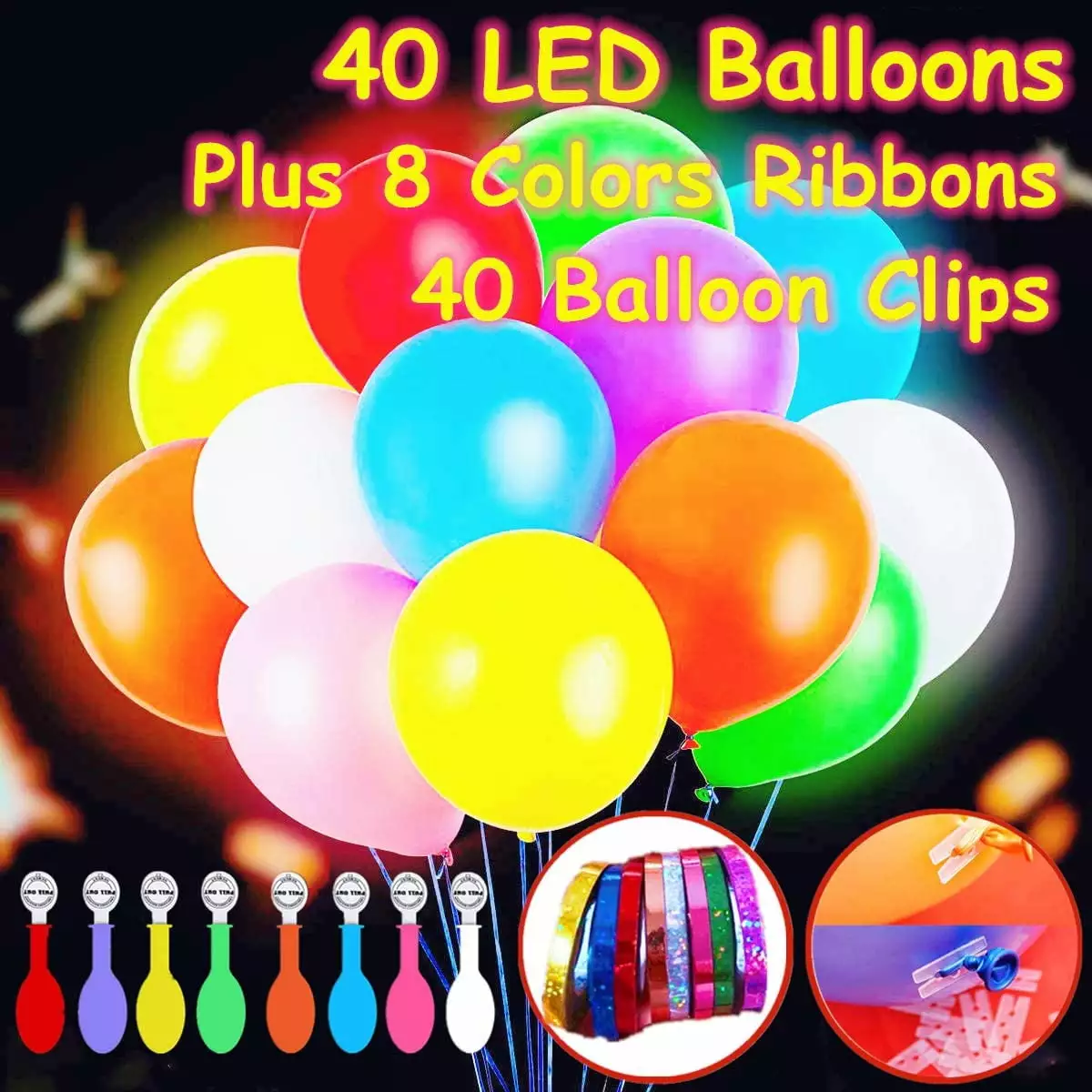 Glow Balloons .LED Light up Flashing. 40 Pk Mixed Colors .Party .Birthdays Wedding Decorations