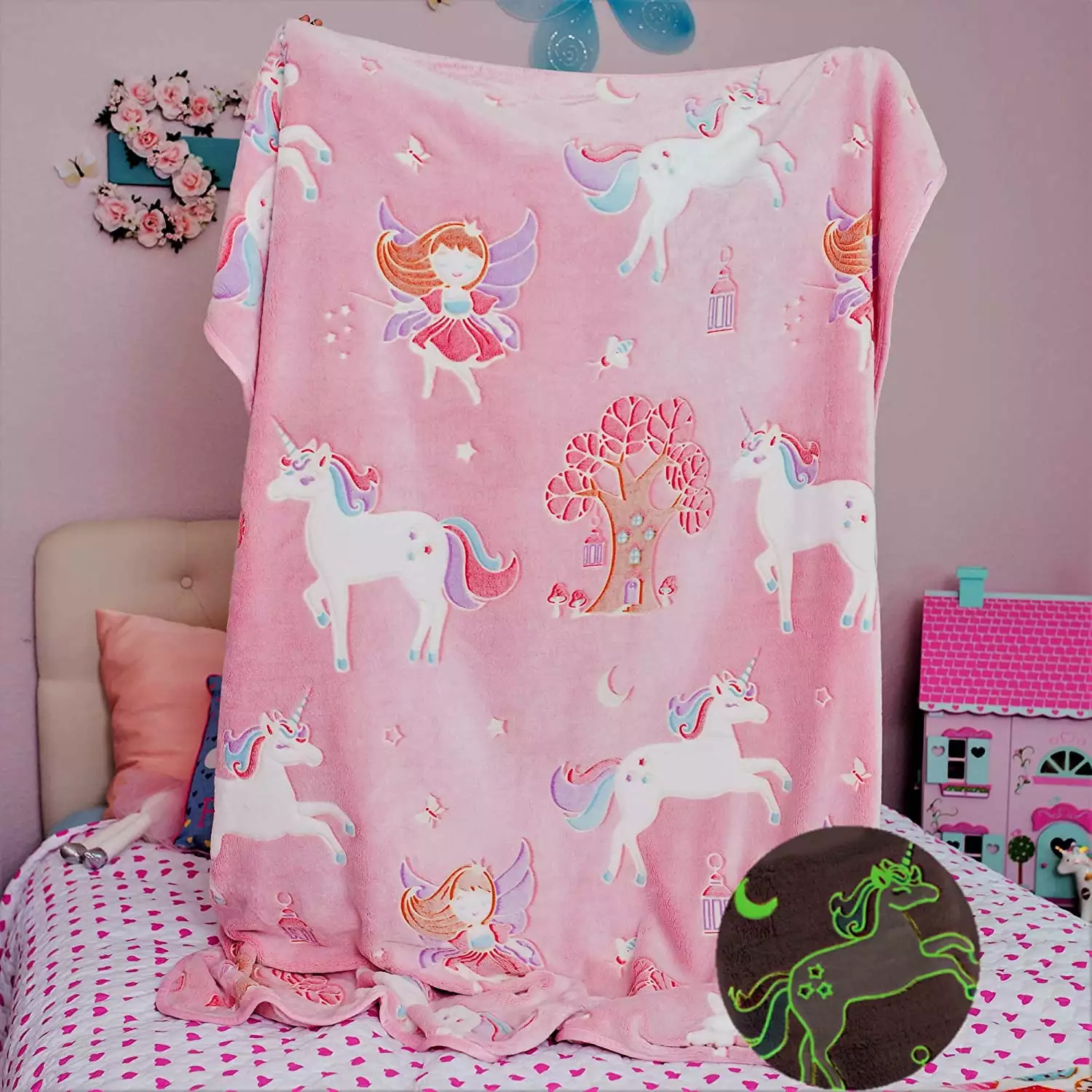 Glow in The Dark Unicorn Blanket for Girls ?C Soft Pink Fleece Throw. Great Christmas. Birthday. Baby. Toddler Unicorn Gifts! Premium Fuzzy Blanket with Fairy. Butterfly. Stars. Bright Long-Last Glow