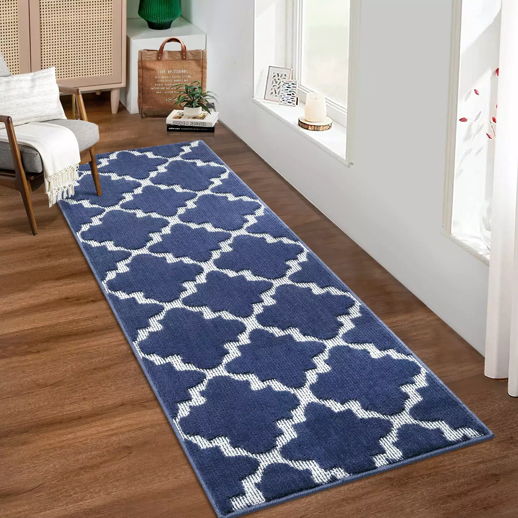 GlowSol Geometric Pattern Hallway Runner Rug 2x6 feet Diamond Lattice Area Rug Non-Slip Indoor Rug for Kitchen Bedside Laundry. Blue