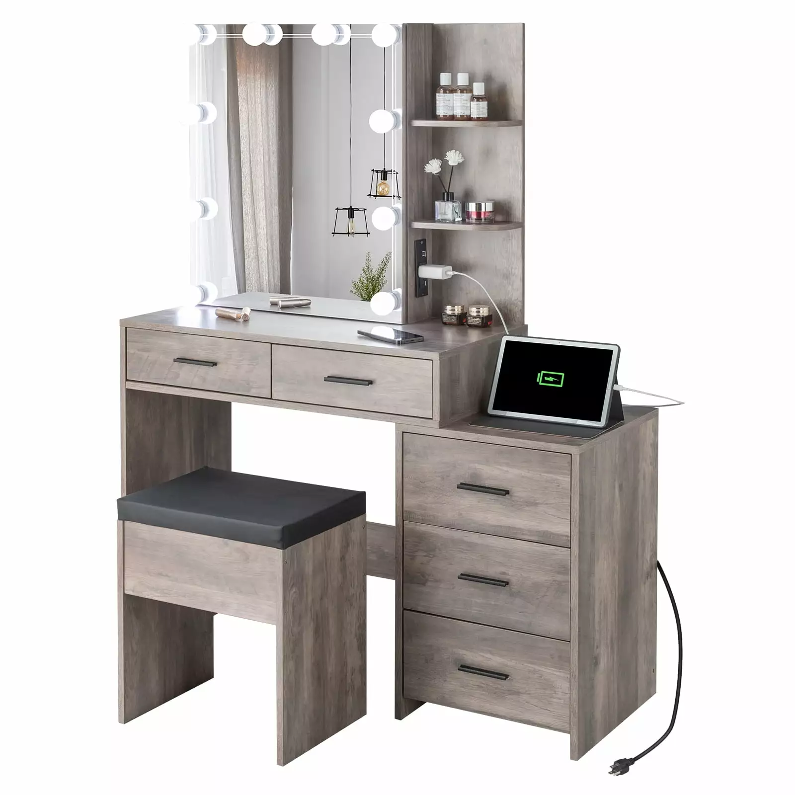 GoDecor 3 Color Lighted Vanity Set & Charging Station.Makeup Dressing Table with Sliding Lighted Mirror. Dresser Desk and Cushioned Stool Set (Retro Gray)