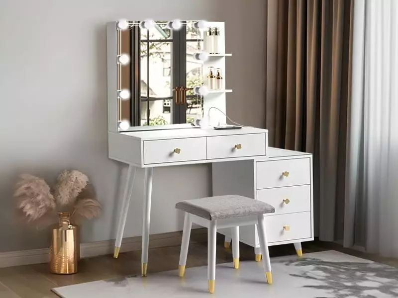 GoDecor 3 Color with Lighted Mirror Vanity Desk. Makeup Vanity with 5 Drawers. Dressing Table Makeup Desk Set with Stool. White