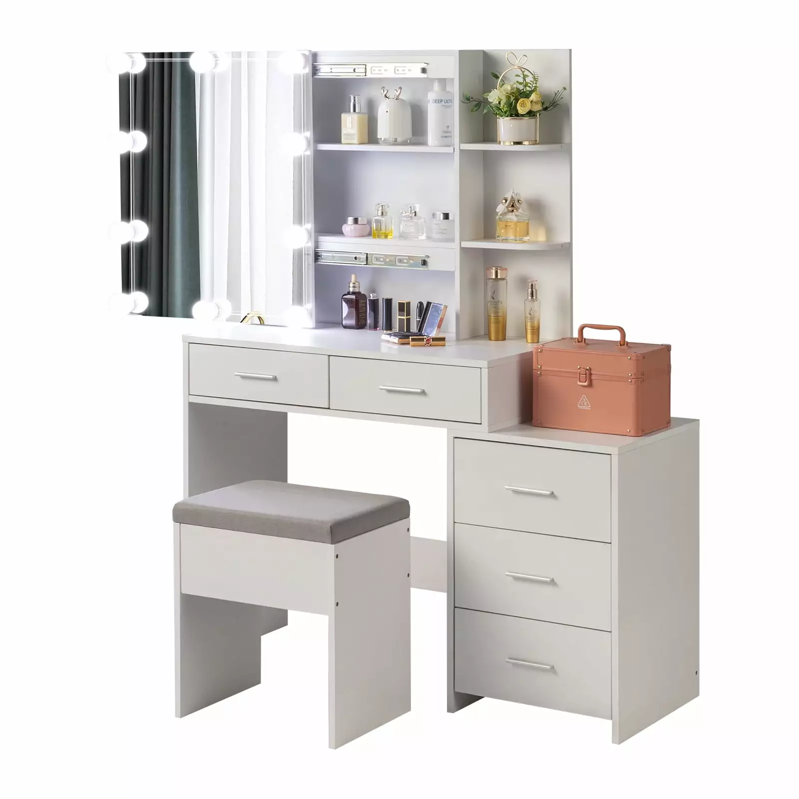 GoDecor Lighted Vanity Set Makeup Dressing Table with Sliding Lighted Mirror. Dresser Desk and Cushioned Stool Set (White)