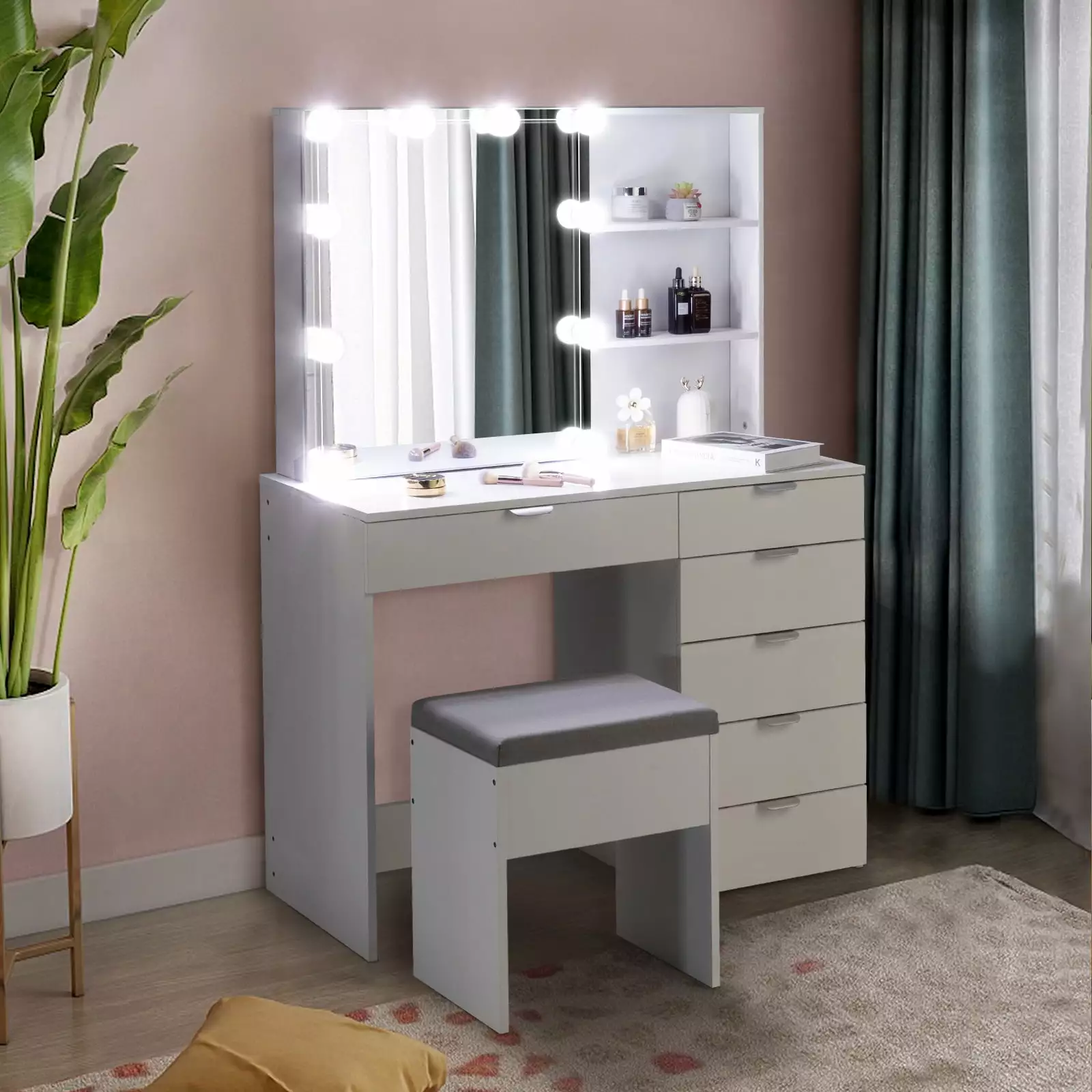 GoDecor Vanity Set Makeup Vanity Dressing Table with Sliding Lighted Mirror.White