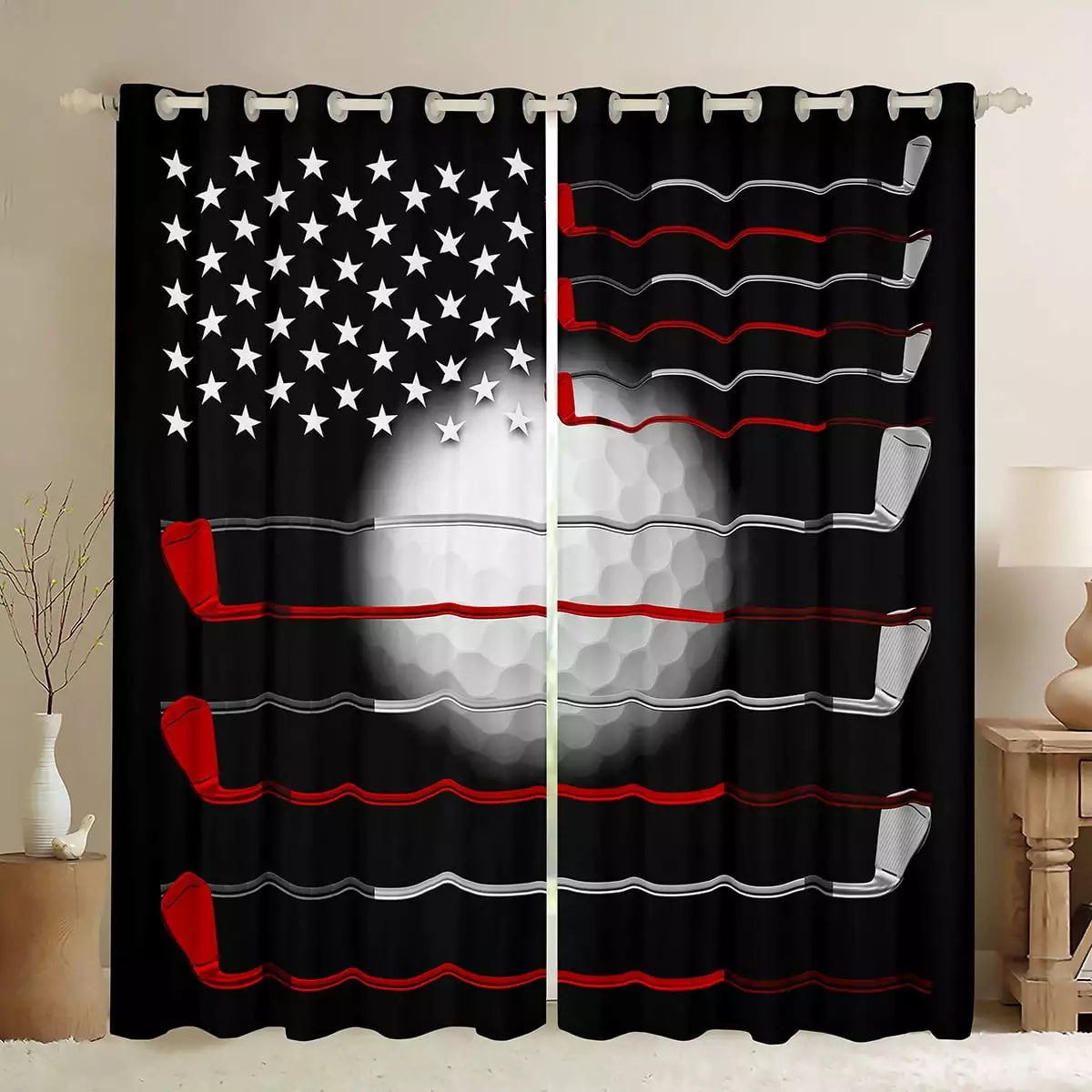 Golf Curtains For Men. American Flag Blackout Curtains Golf Shape Pattern Curtains & Drapes 42Wx63L 2 Panels. Sports Games Stars Stripes Window Treatments. Golf Decor For Home. Black Red