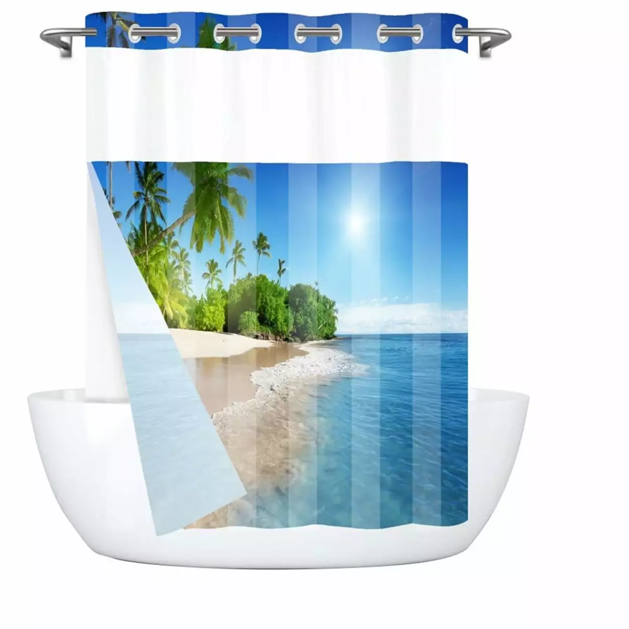 Goodbath No Hook Shower Curtain with Snap in Liner.Ocean Beach Seaside Palm Trees Island Shower Curtains. Double Layer. Mesh Top Window.71 x74 inches.Blue