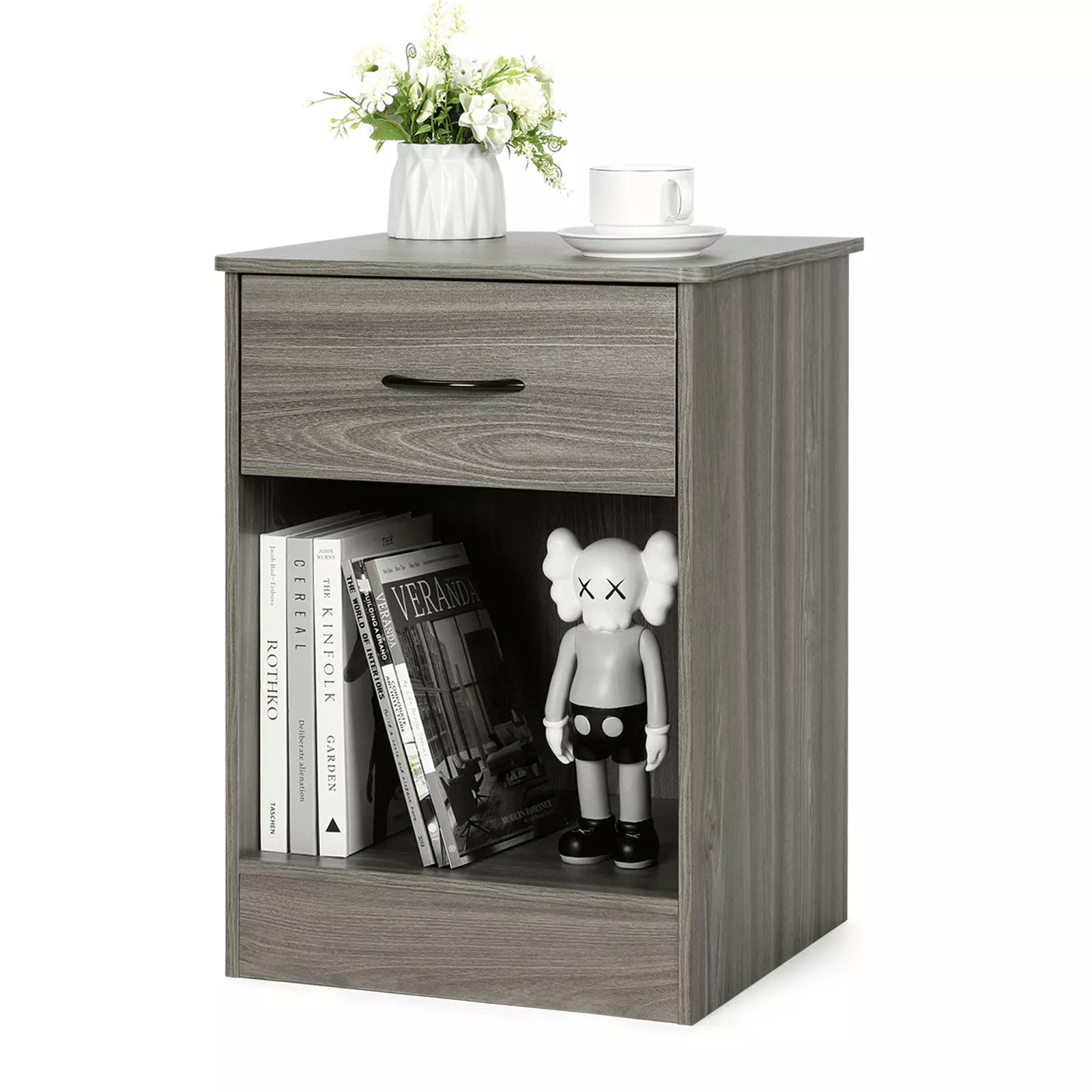 Gray Nightstand with Drawer. Bedside Table End Tables Living Room. File Cabinet Storage with Sliding Drawers and Shelf for Home Office