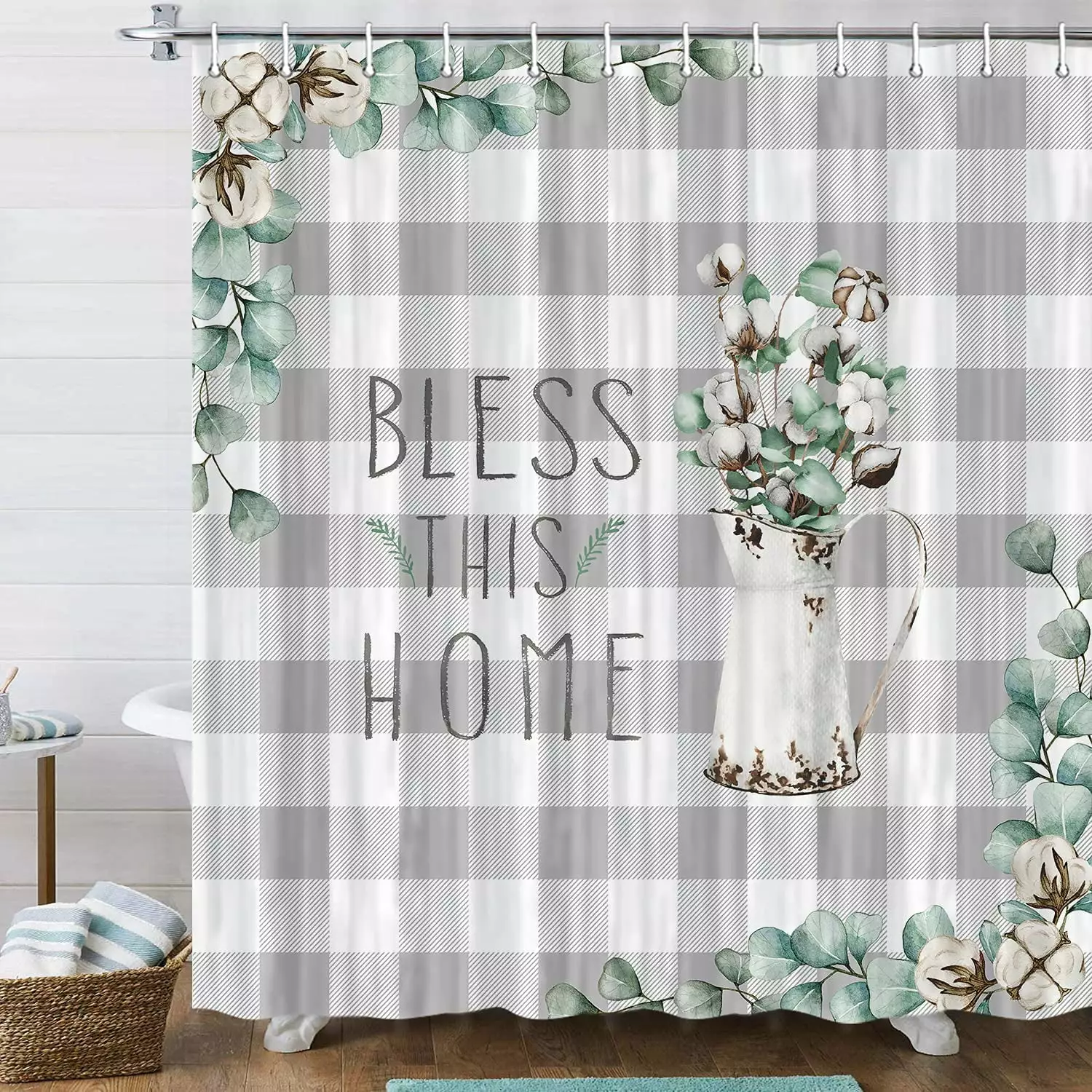 Gray and White Farmhouse Shower Curtain. Modern Grey Buffalo Plaid Rustic Jar Green Plant Cotton Floral Bathroom Accessory Sets. Country Chic Fabric Bath Decor. Hooks Included. 72X72