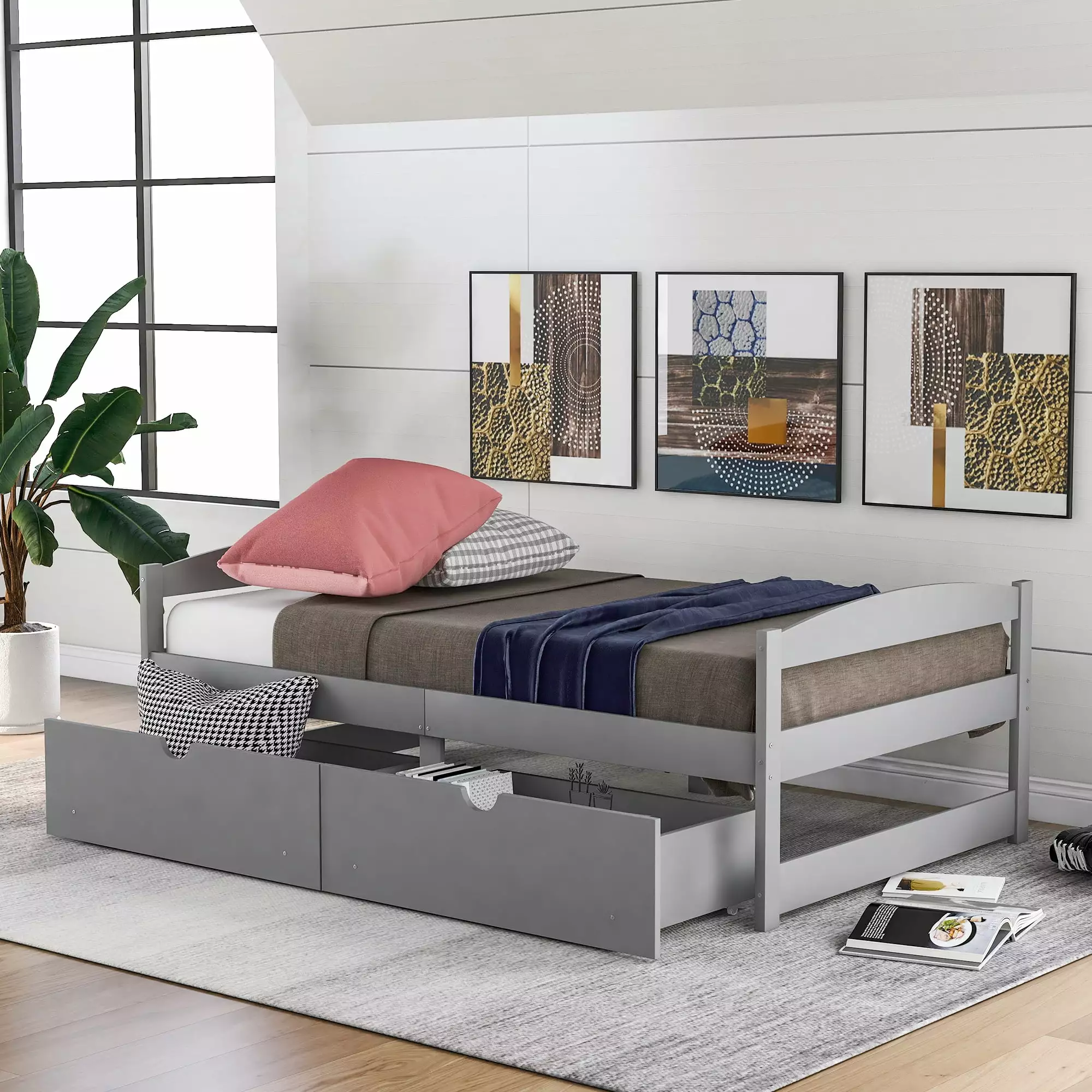 Gray Wood Platform Bed Frame Twin Size with Headboard. Footboard. 2 Drawers. Twin Day Bed Frame Mattress Foundation with Strong Slat Support for Girls Boys Kids Teens Adults. No Box Spring Needed