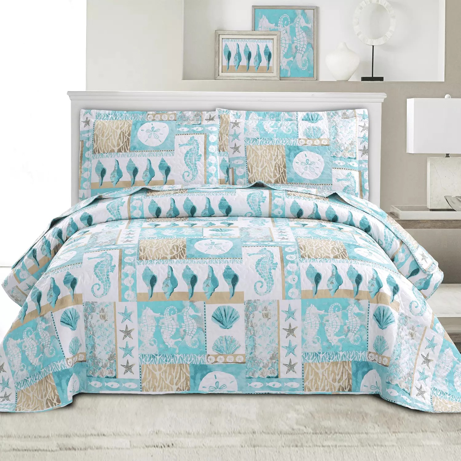 Green Essen Queen/Full size Bedspread Bedding White Lightweight Quilt Microfiber Reversible Coverlet Blue Shell Seahorse Quilt