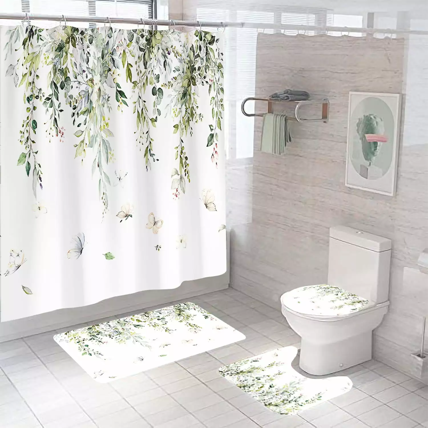 Green Eucalyptus Leaves Shower Curtain Sets with Rugs 4 Pcs Fabric Botanical Floral Plant Bathroom Sets with Bath Mat 12 Hooks 72x72 inches