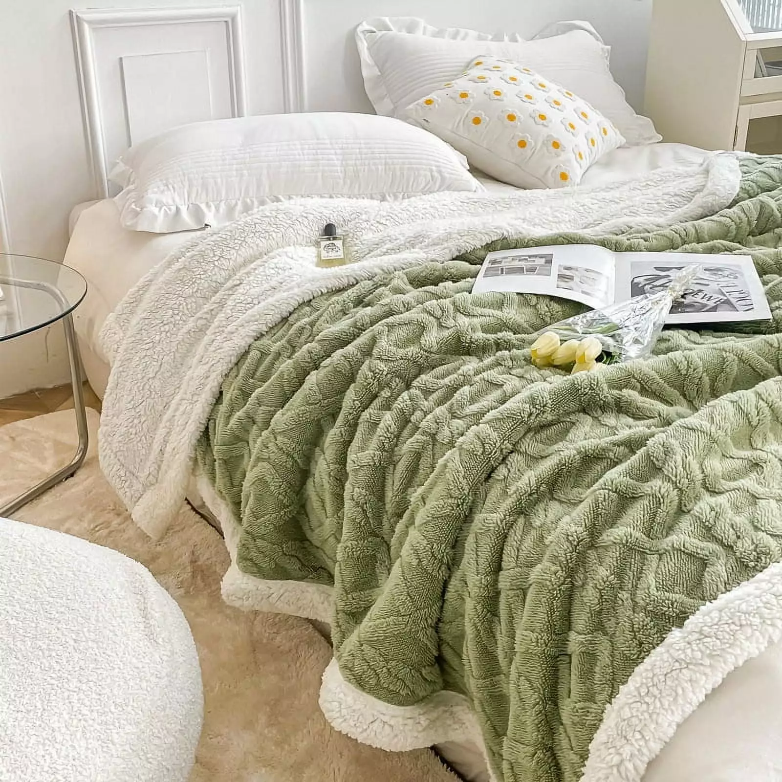 Green Sherpa Fleece Throw Blanket 3D Stylish Design Super Soft Fluffy Warm Cozy Plush Fuzzy for Couch Sofa Living Room Bed