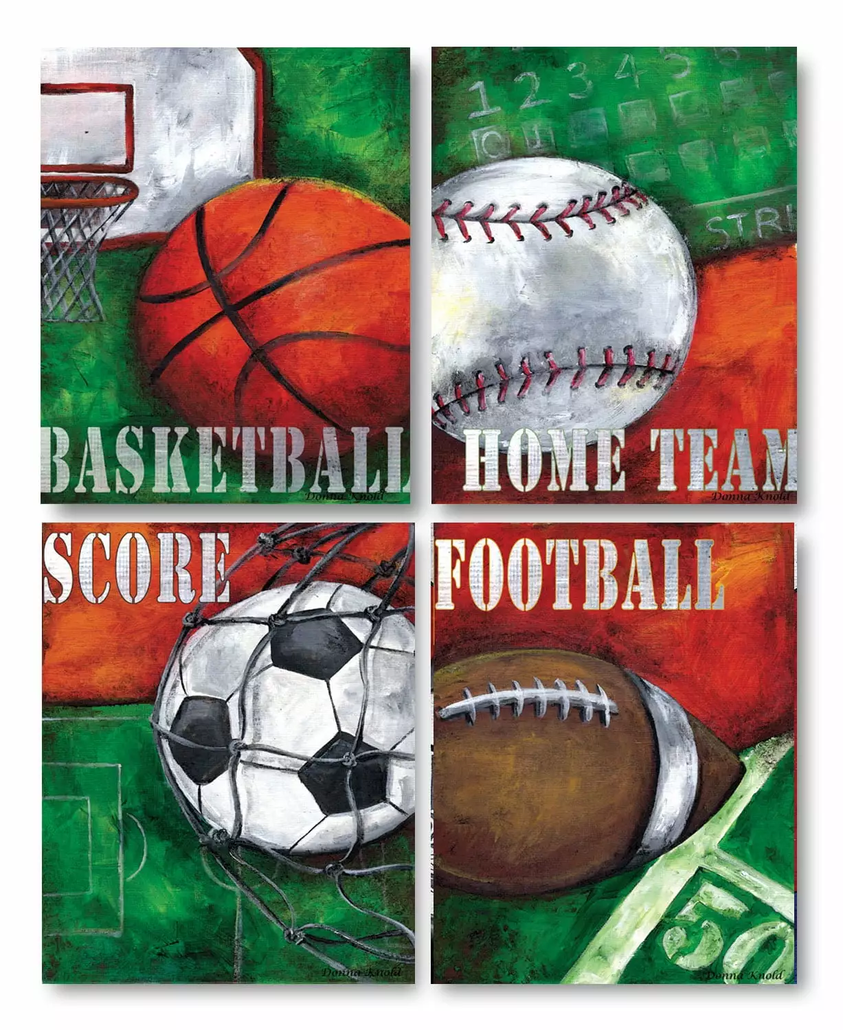 Green and Orange Basketball Baseball Football Soccer Child Decor; 4 - 11 x 14 Posters