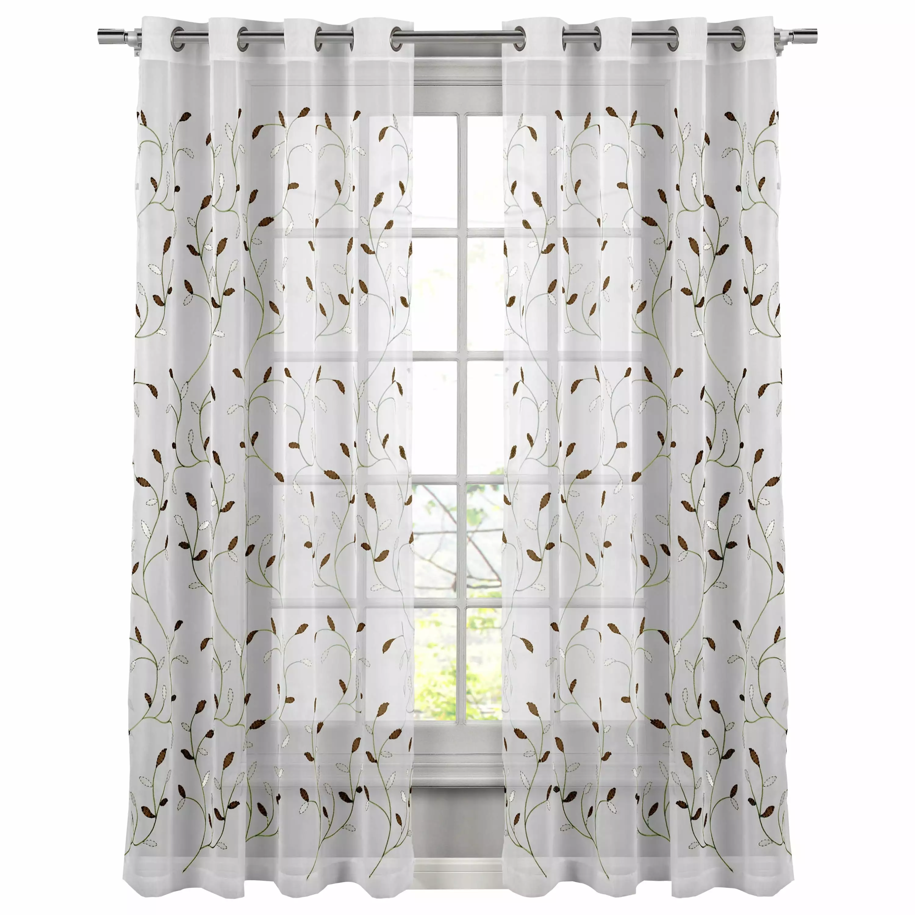 Grommet Curtain Panel. Embroidered Sheer Extra-Wide. Brown 54 x 96