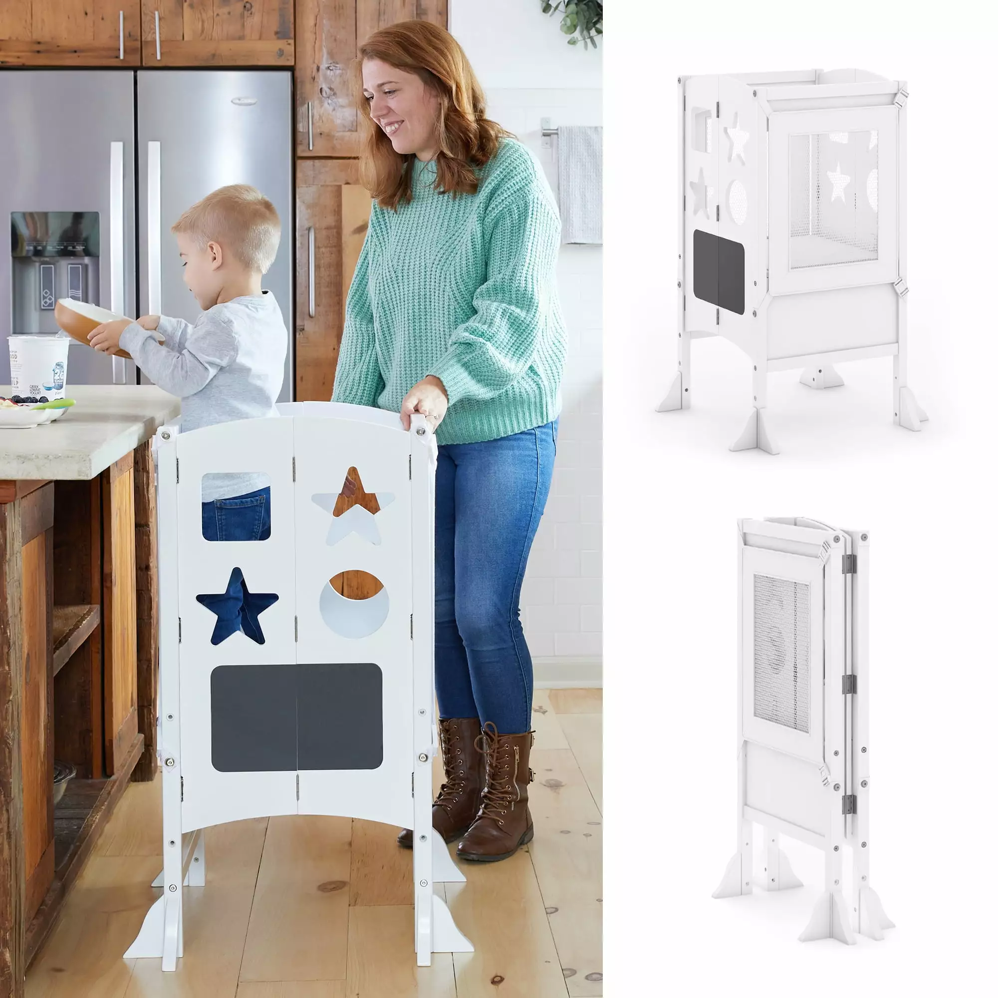 Guidecraft Classic Kitchen Helper Kids' Step Stool - White: Folding. Adjustable Kids Non-Slip Learning Toddler Tower with Child Safe Keepers