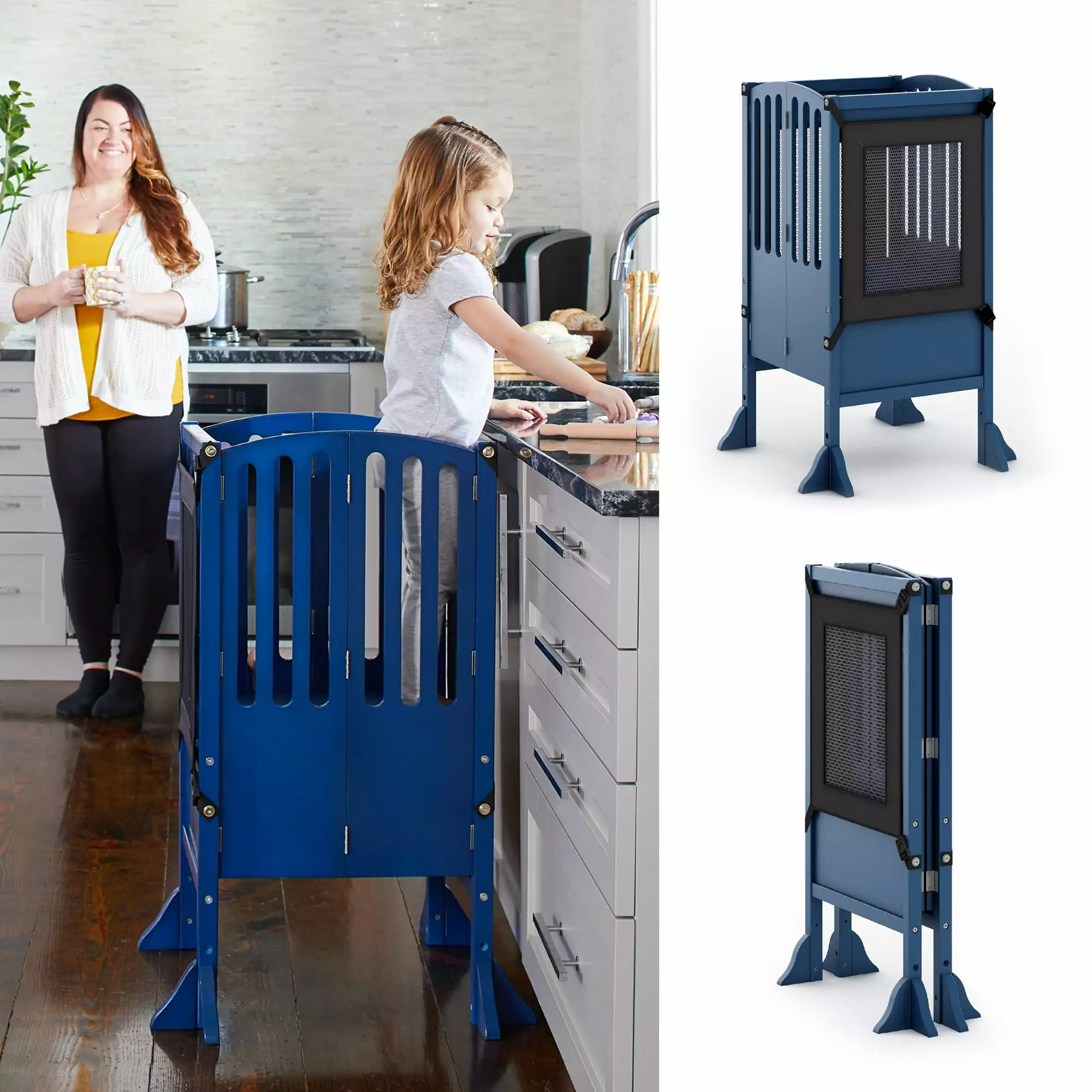 Guidecraft Contemporary Kitchen Helper Step Stool - Navy: Adjustable. Folding Kids Learning Toddler Tower with Safety Mat and Keepers