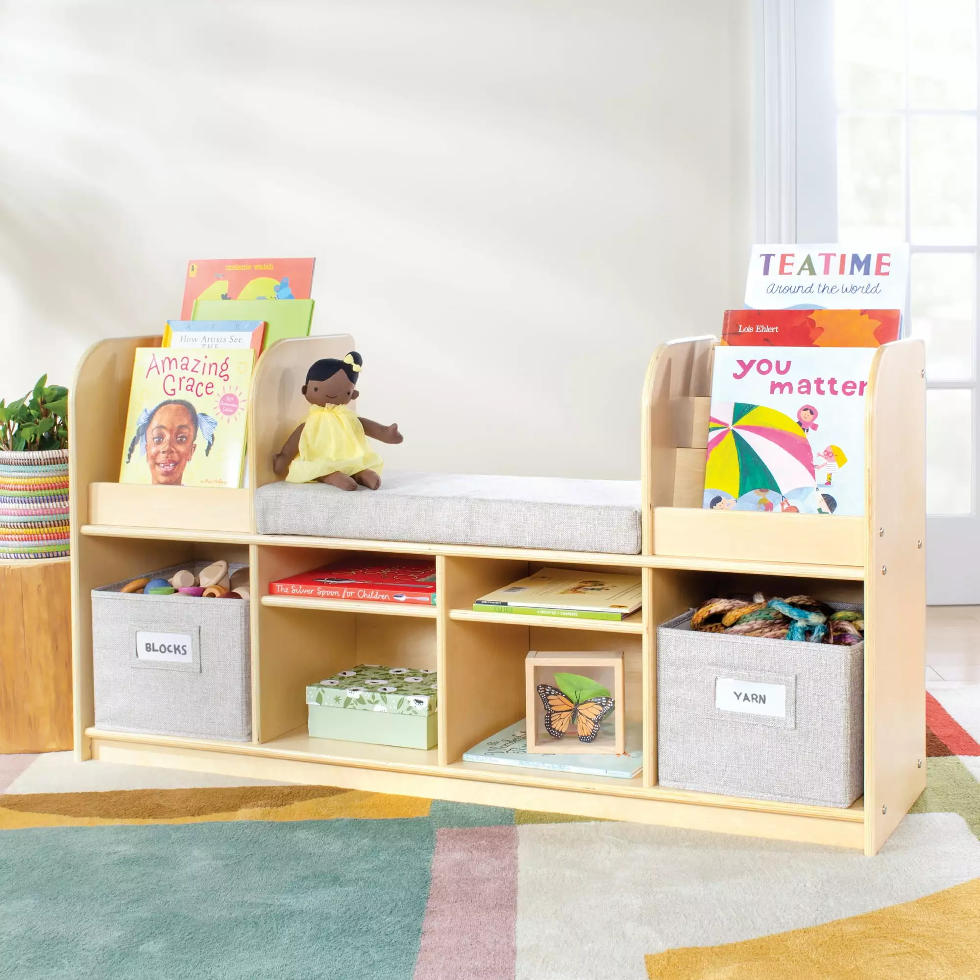 Guidecraft EdQ Reading Nook - Natural: Children's Wooden Bedroom Reading Bench. Kids' Bookshelf. Toy Cubby Organizer and Cube Storage