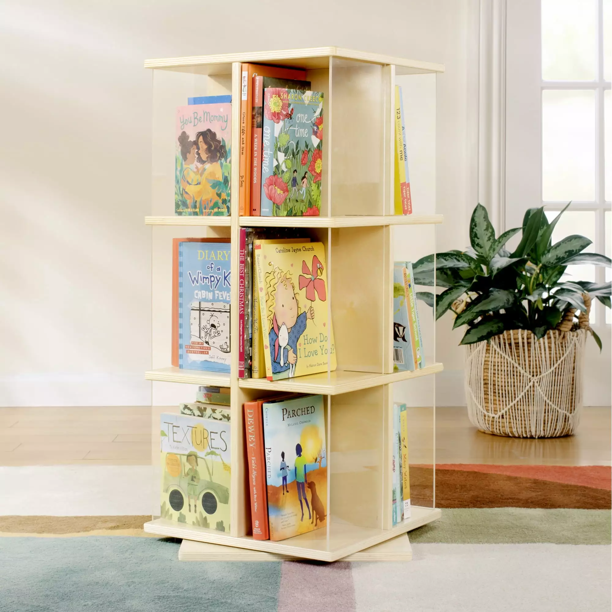 Guidecraft EdQ Rotating 3 Tier Book Display - Natural: Wooden Round Bookshelf with Cubby Shelves for Kids' Bedroom or Classroom