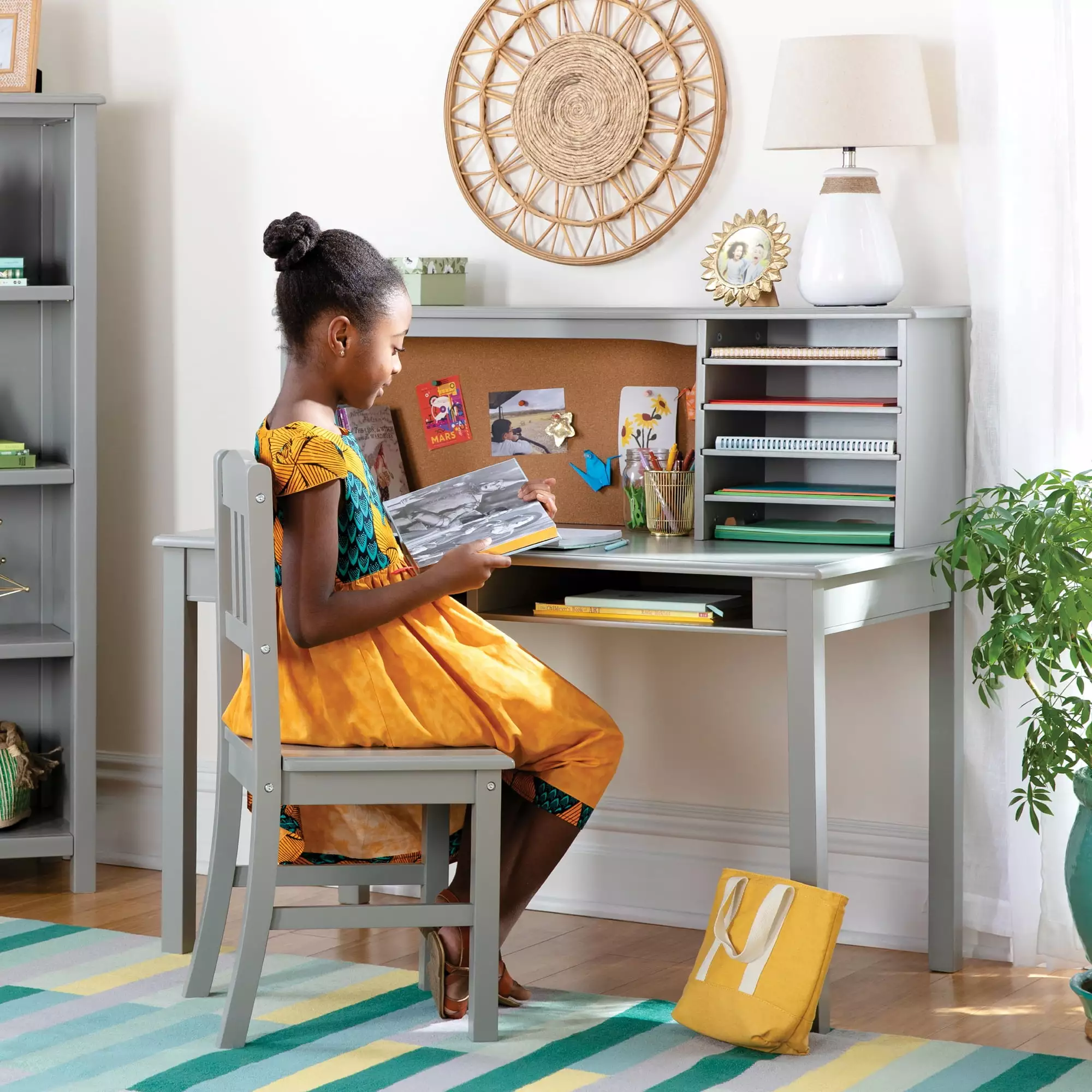 Guidecraft Kids' Media Desk and Chair Set - Gray: Wood Study and Writing Table with Corkboard. Hutch and Adjustable Shelf Storage