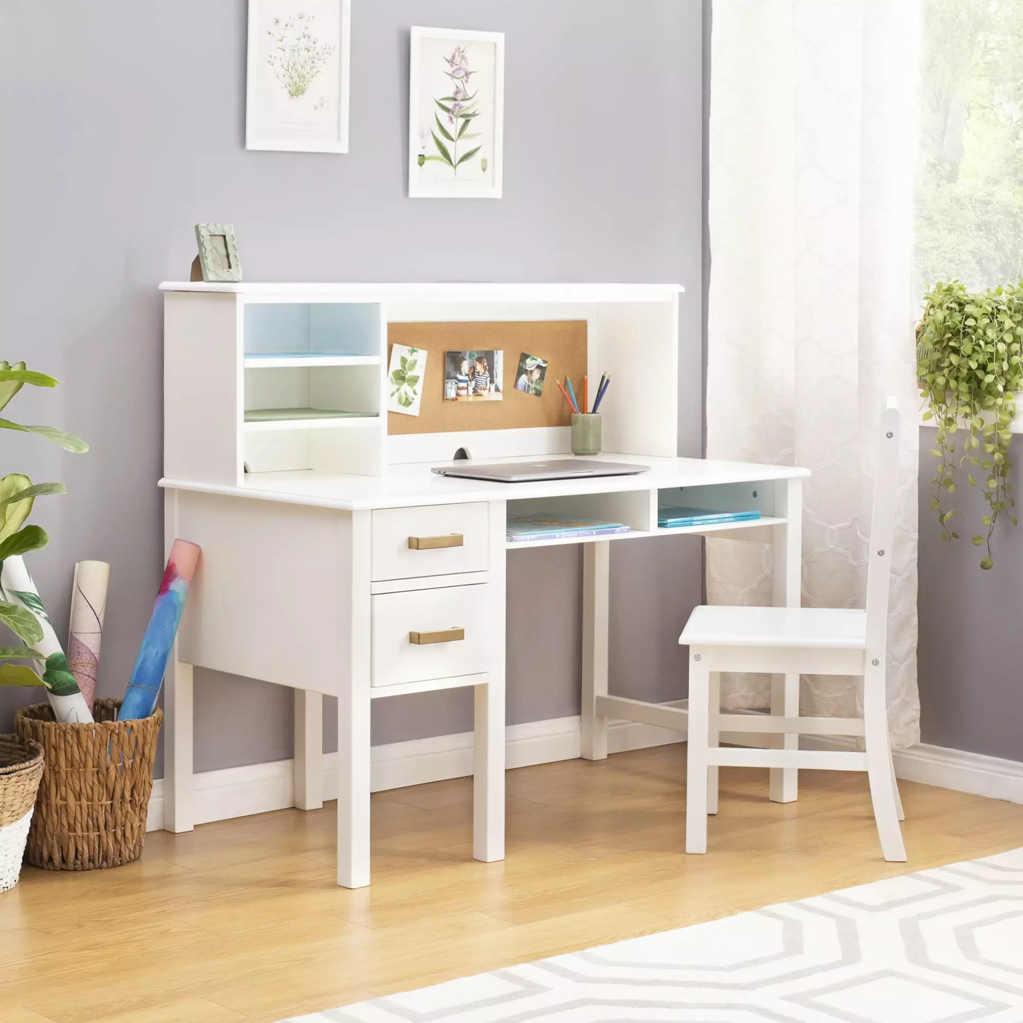 Guidecraft Kids' Taiga Desk and Hutch - White: Children's Wooden Computer and Study Table with Supply Storage Drawers and Corkboard