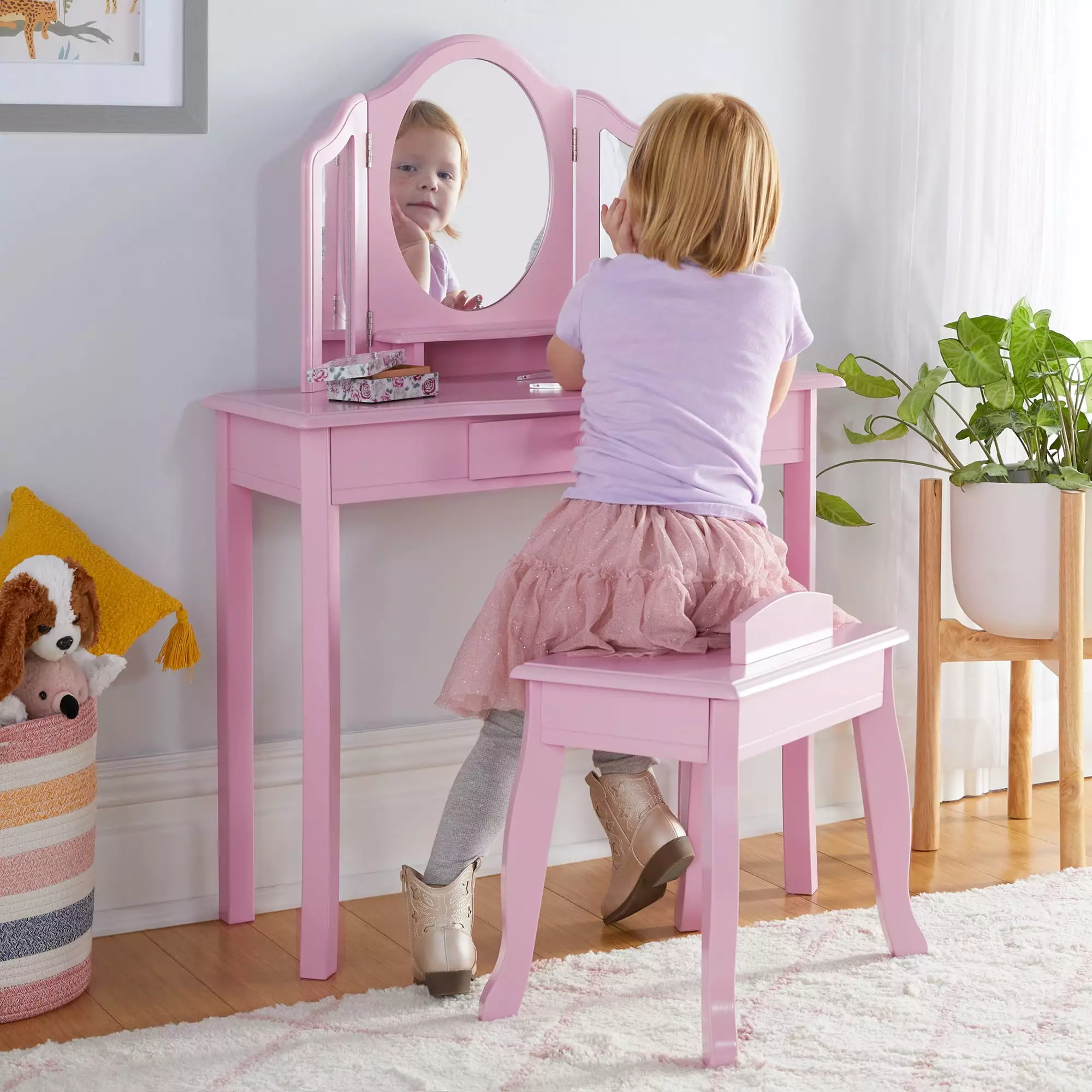 Guidecraft Kids' Vanity and Stool Set - Pink: Children's Princess Pretend Play. Dress Up Desk and Makeup Mirror with Storage Drawer