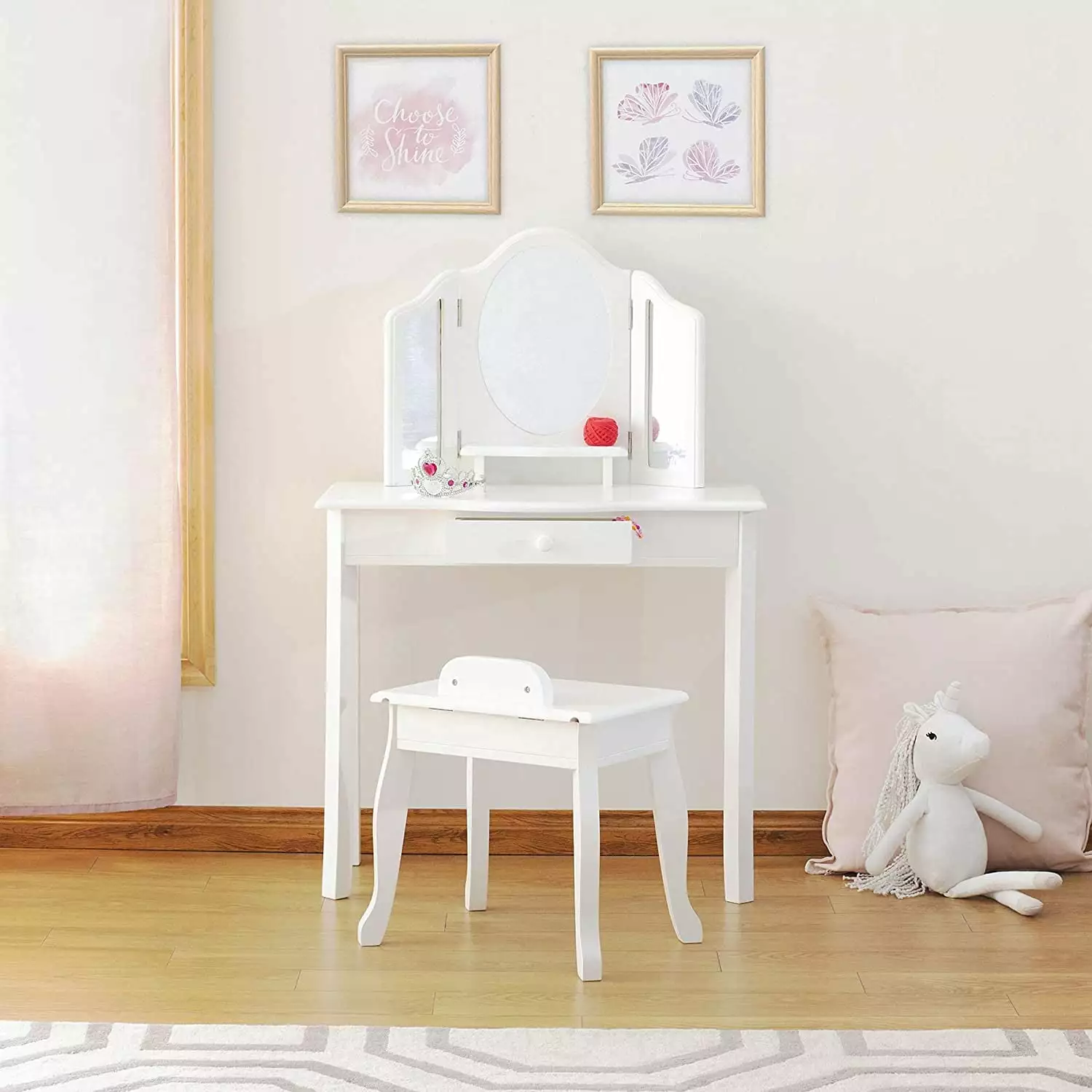 Guidecraft Kids' Vanity and Stool Set - White: Little Girls Pretend Play Princess Desk and Chair. Makeup Mirror with Storage Drawer