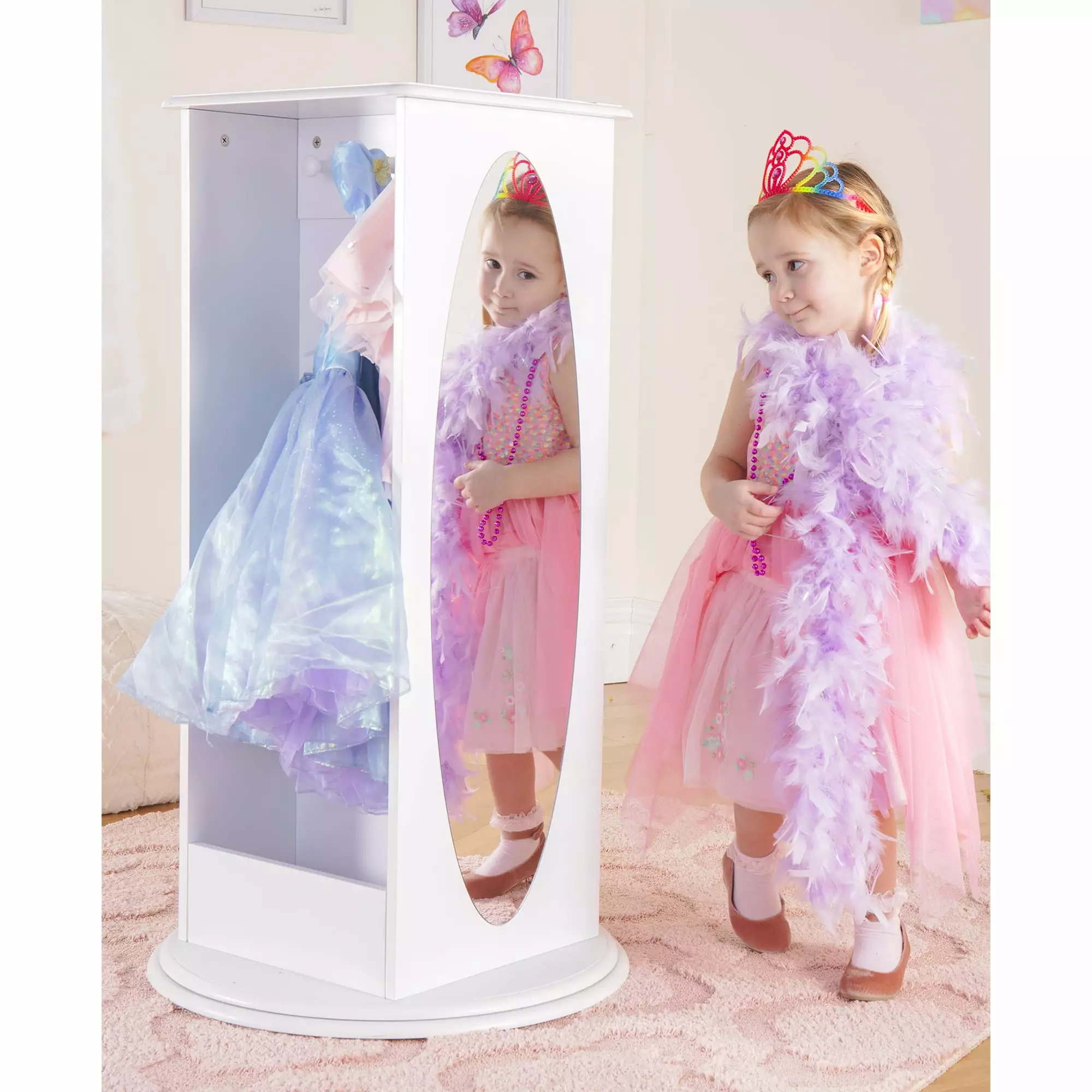 Guidecraft Rotating Dress Up Storage Center - White: Wooden Wardrobe. Pretend Play Costume and Kids' Clothing Organizer with Mirrors