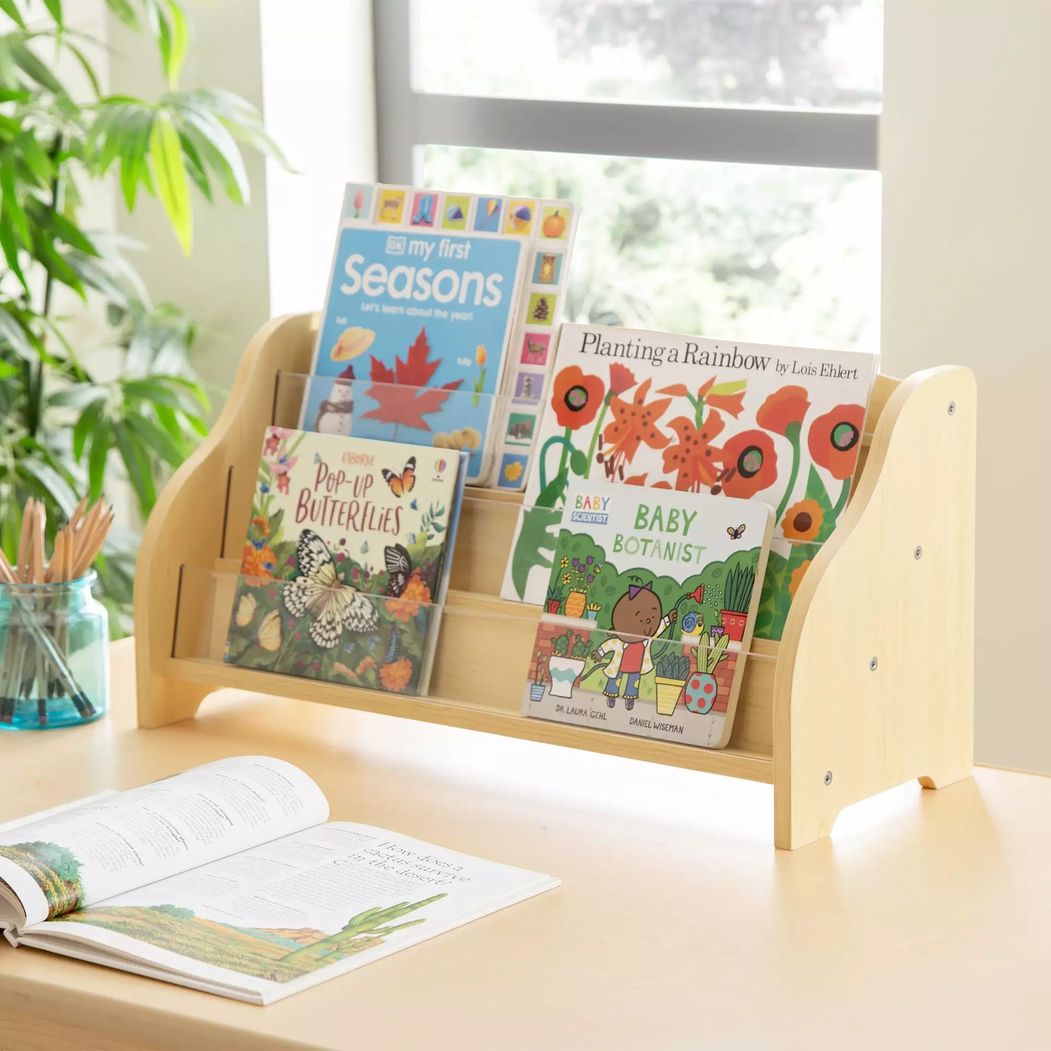 Guidecraft Tabletop Book Display - Natural: Kids Wood Multi-Tiered Desktop Organizer and Storage. 3 Shelves