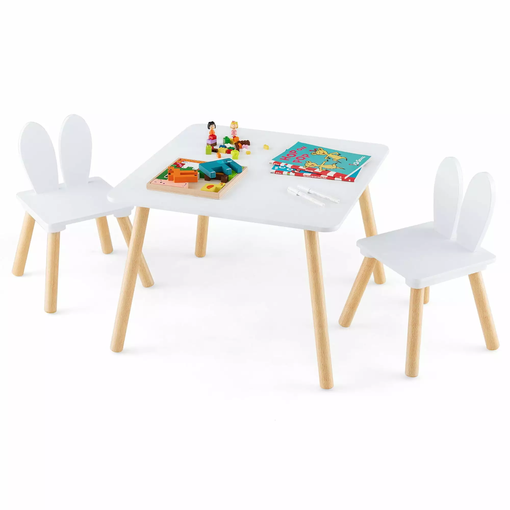 Gymax 3 Pieces Kids Table & Chairs Set Children Wooden Furniture Set w/Solid Wood Legs