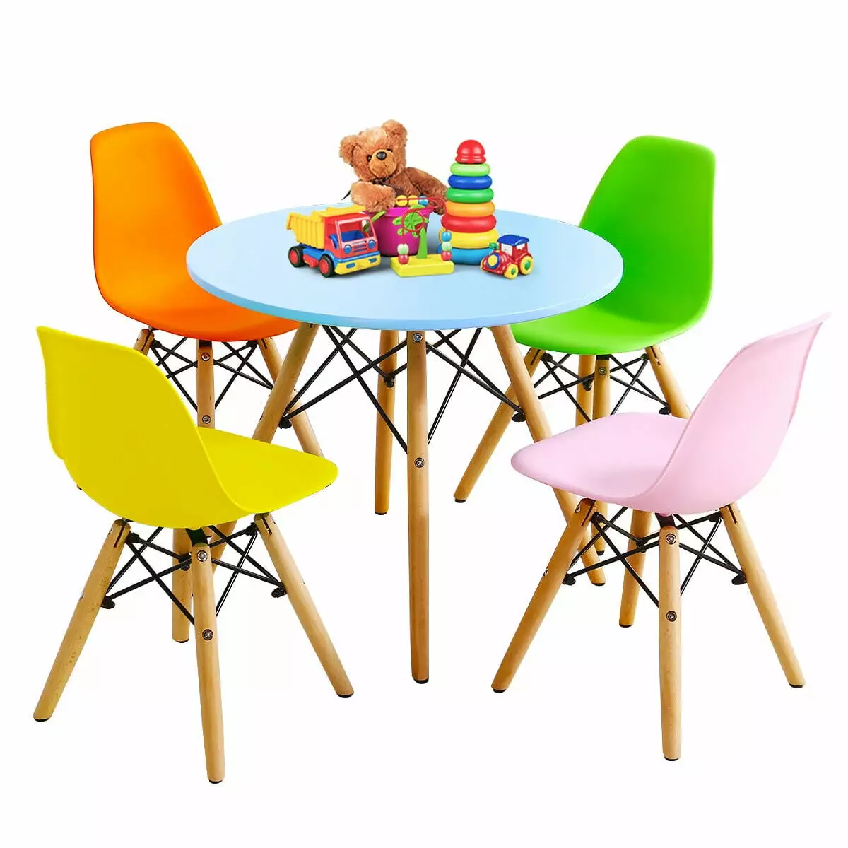 Gymax 5 PC Kids Colorful Round Table Chair Set w/ 4 Armless Chairs