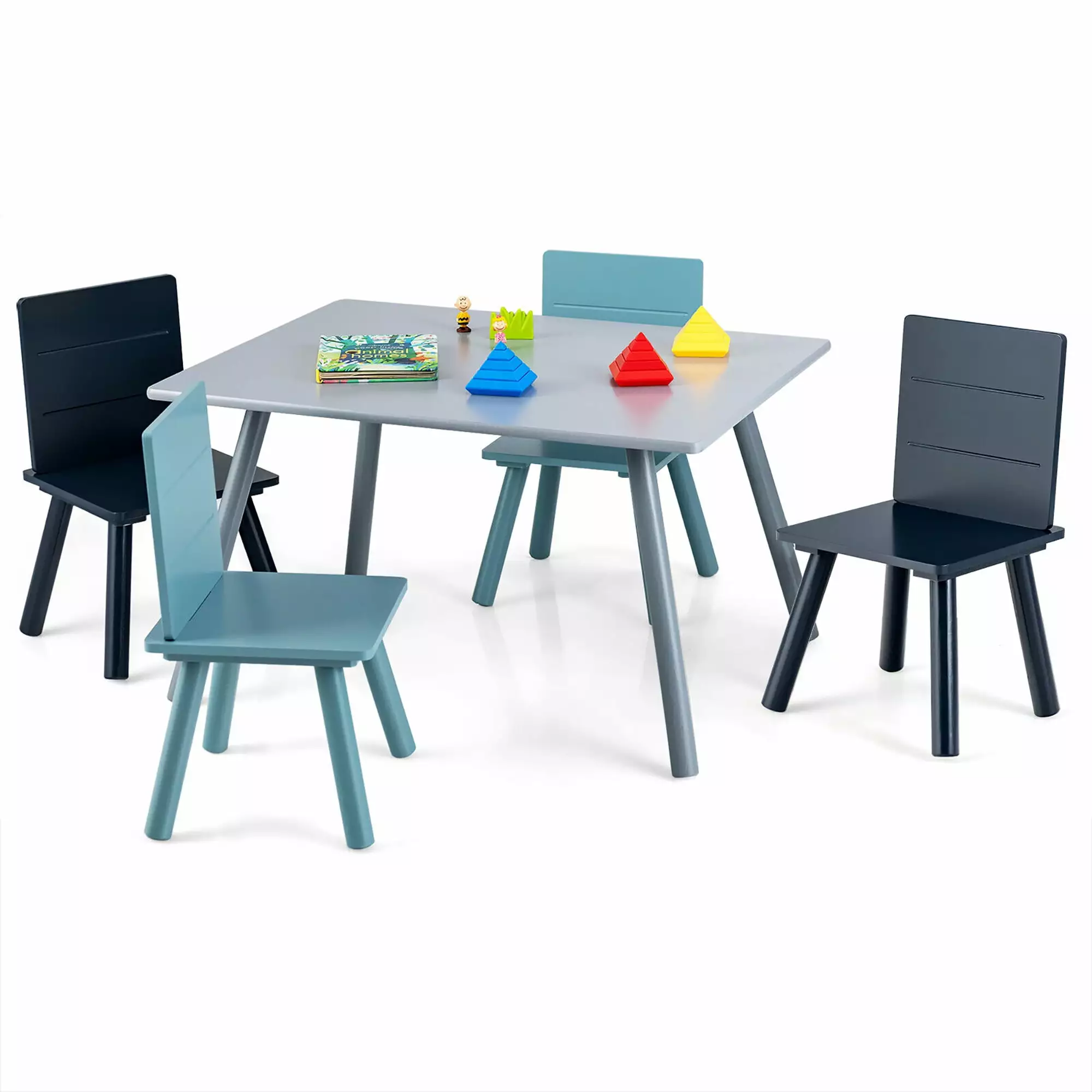 Gymax 5 Piece Kids Wooden Activity Table and 4 Chairs Play Set Gift w/ Building Blocks