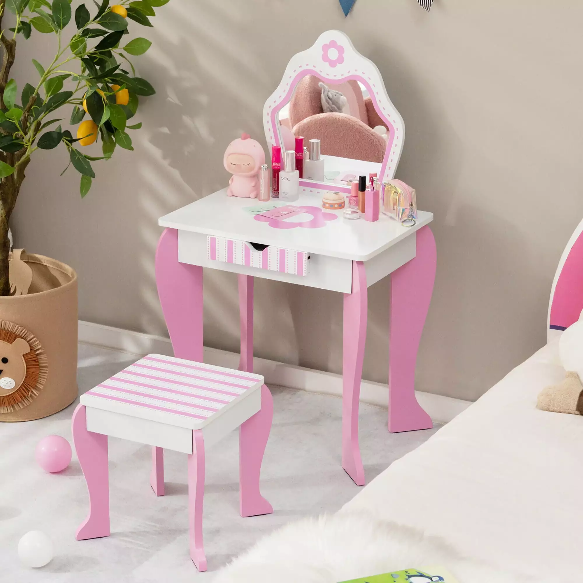 Gymax Kid Vanity Set Wooden Makeup Table Stool w/ Mirror Flower Print Pink & White