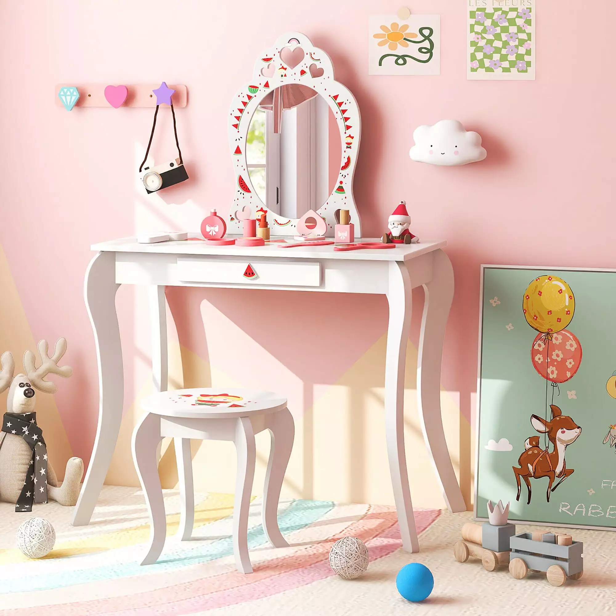 Gymax Kid Vanity Table Stool Set Storage Drawer Watermelon Patterns Play Makeup Set