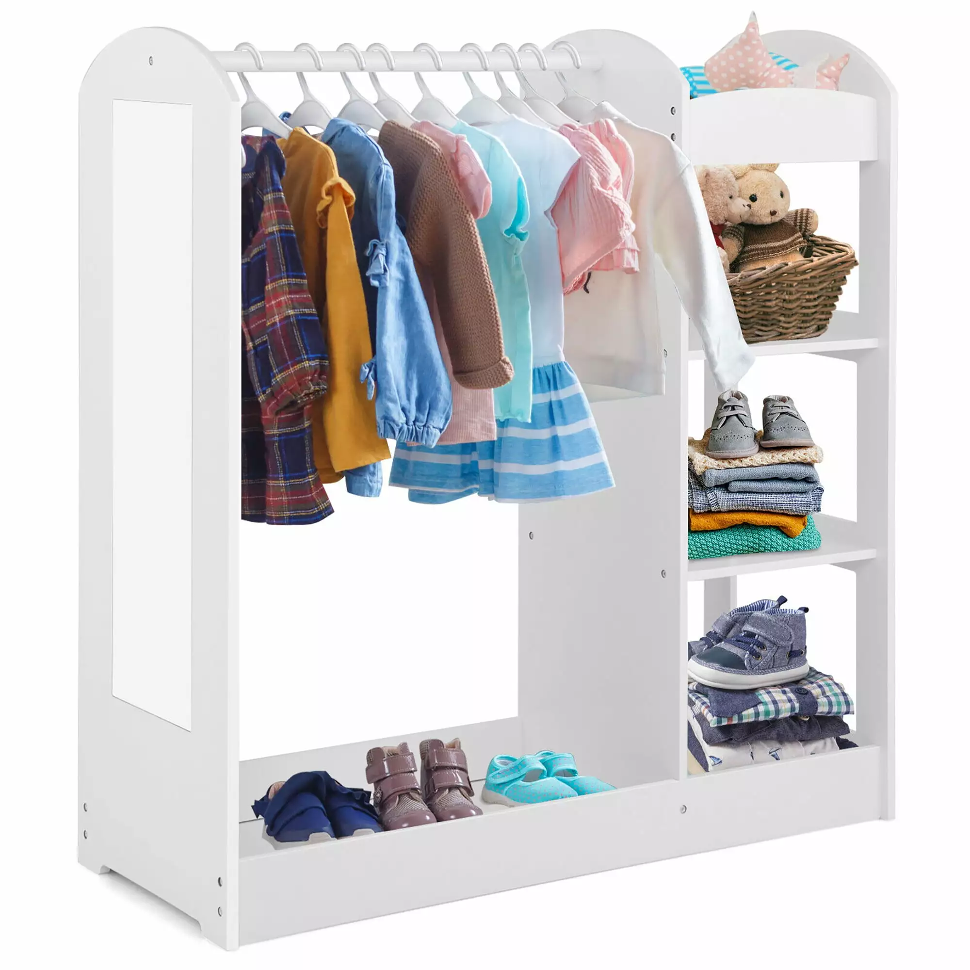 Gymax Kids Dress up Storage Hanging Armoire Dresser Costume Closet w/ Mirror Shelves White