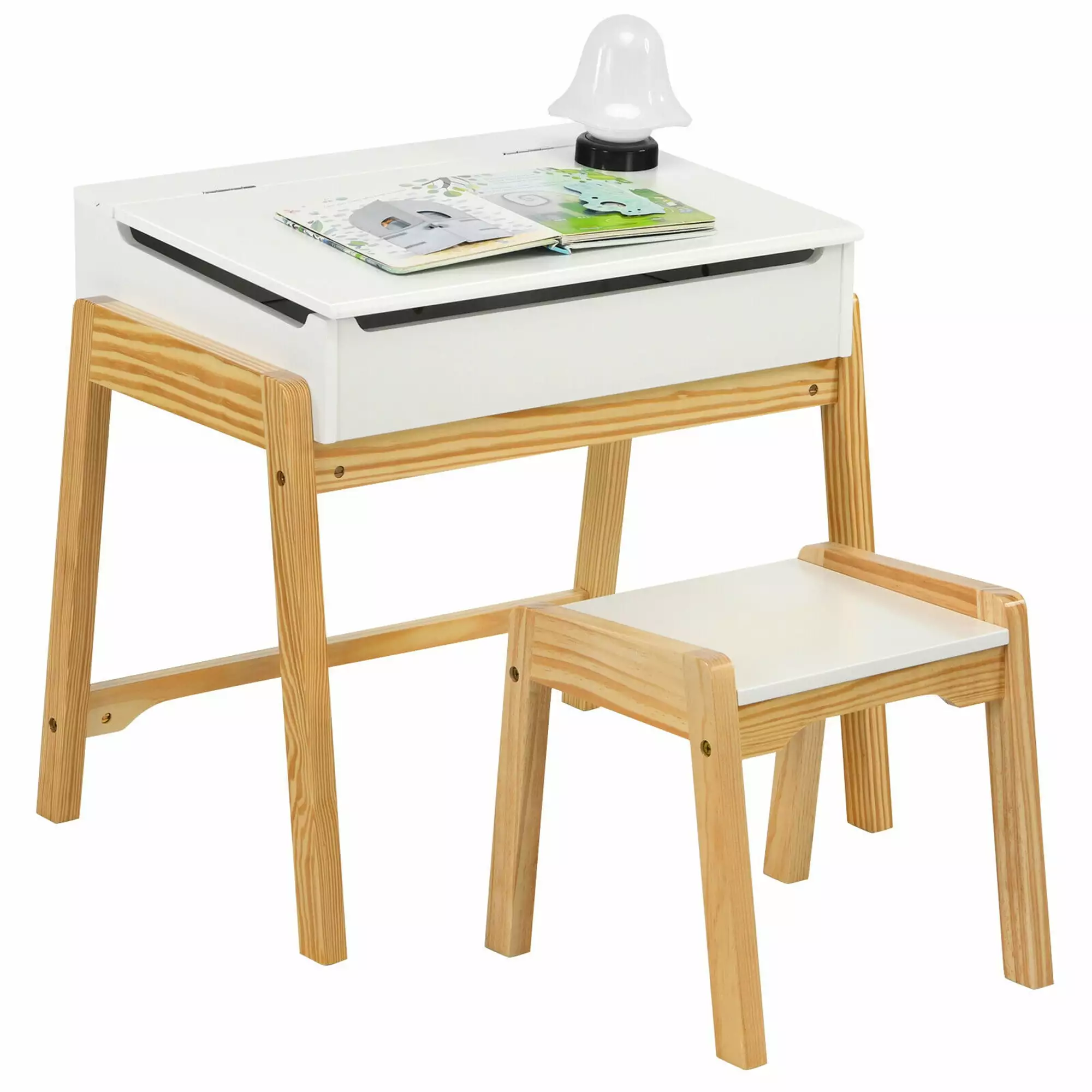 Gymax Kids Table & Chair Set Wooden Activity Art Study Desk w/Storage Space White