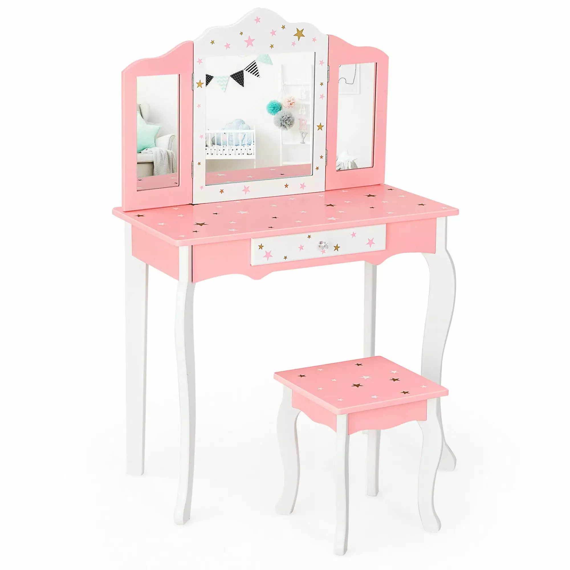 Gymax Kids Vanity Princess Makeup Dressing Table Chair Set W/ Tri-folding Mirror Pink