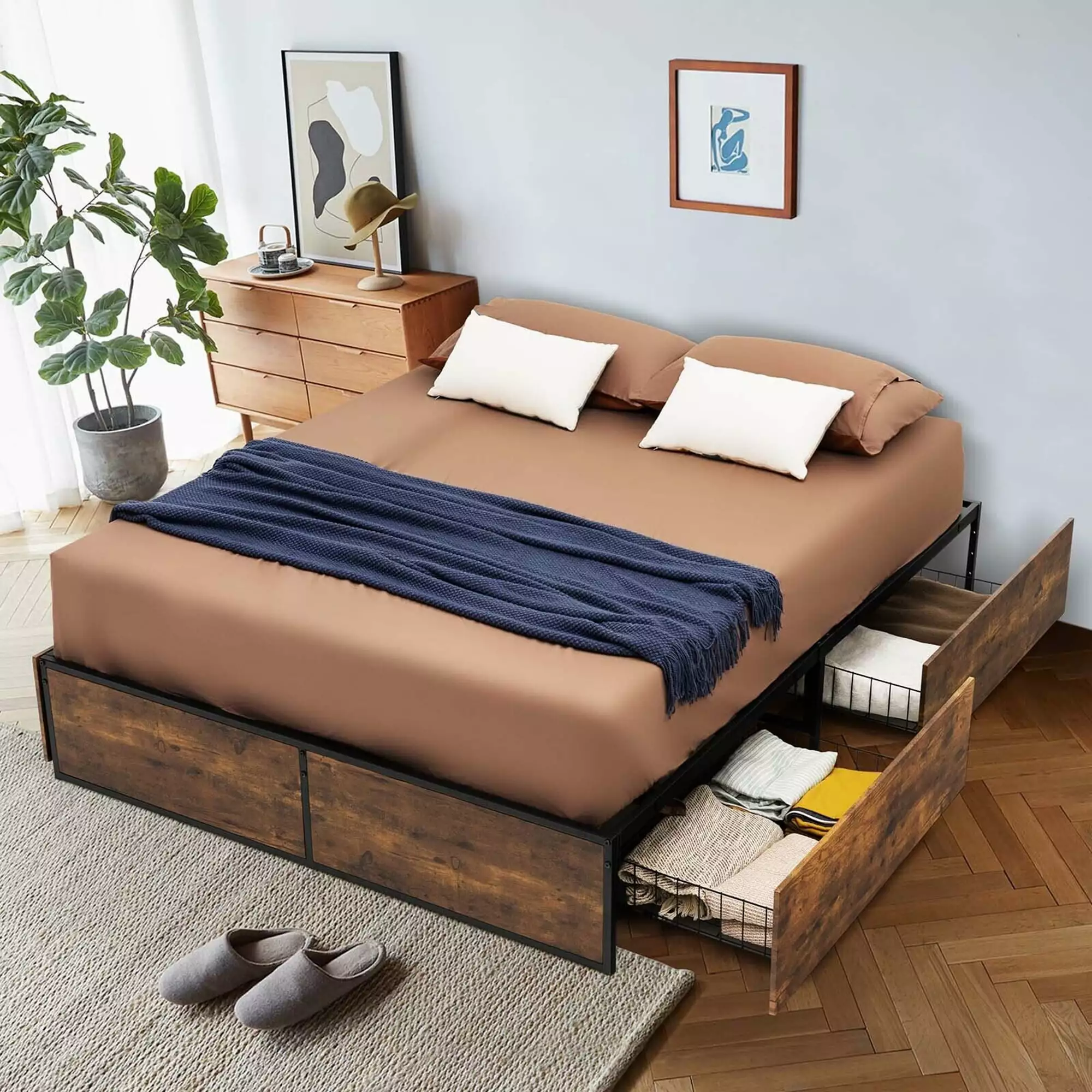 Gymax Queen Industrial Metal Platform Bed Frame with 4 Drawers Wooden Footboard