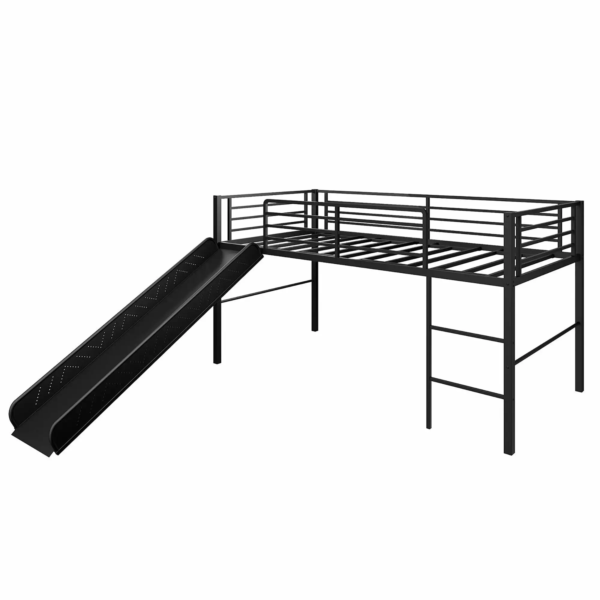 Gymax Twin Metal Loft Bed with Slide Guardrails Built-in Ladder Low Bed Frame Black