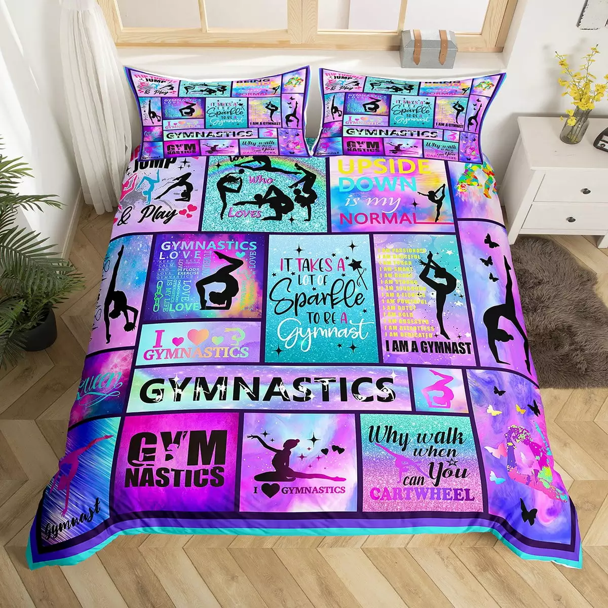 Gymnastics Gifts Comforter Cover. Gymnast Lovers Bedding Set Full Size For Kids Girls Teens Women Room Decor. Geometric Checkered Duvet Cover Colorful Tie Dye Pastel Bed Set With Zipper Closure