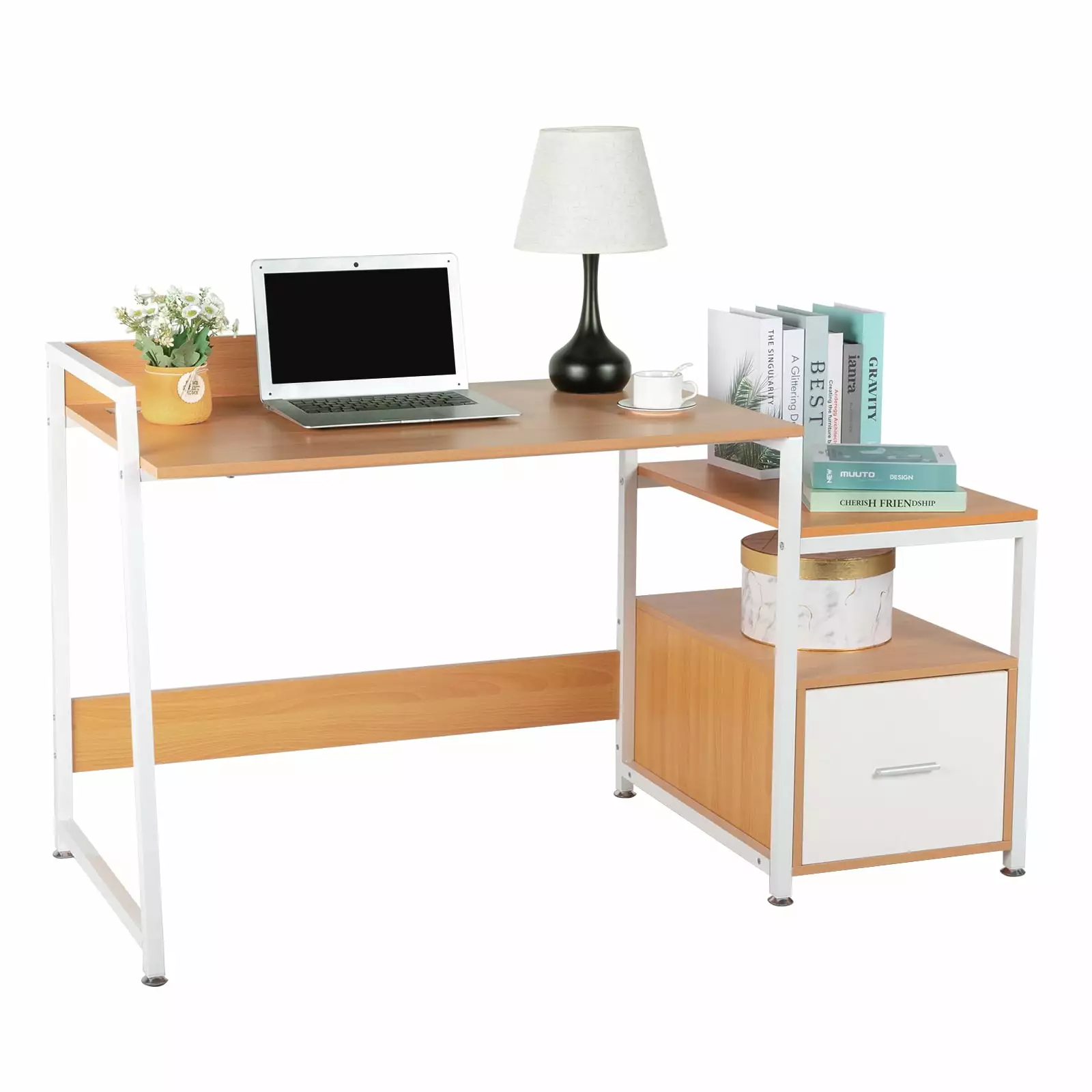 Gzxs Industrial Computer Desk with File Drawer. Home Office Desk with File Drawer Cabinet & Monitor Stand & Storage Shelf. White Metal Frame (Natural)