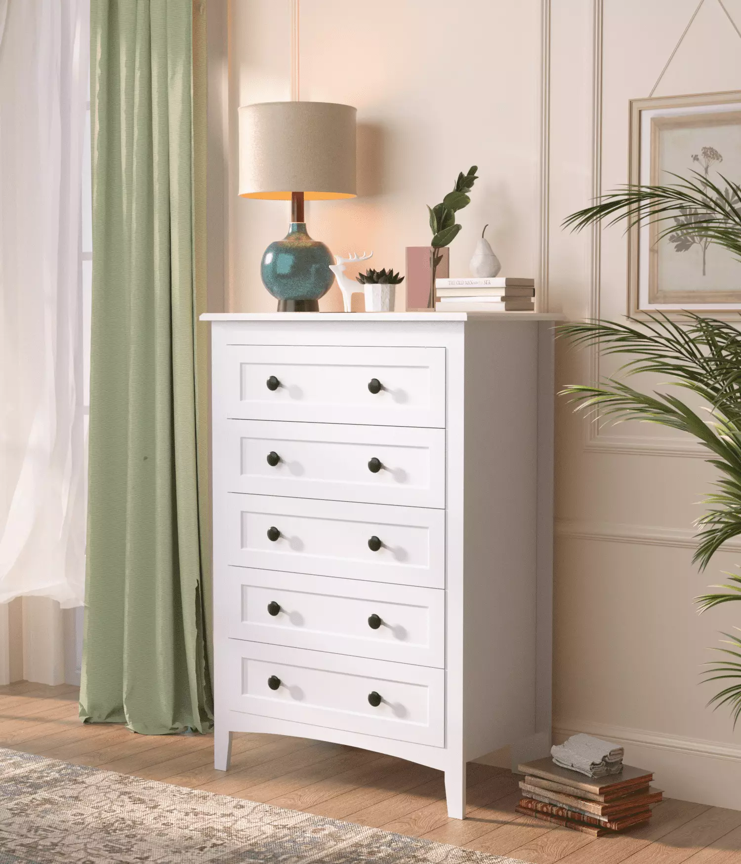 HAIOOU 5 Drawer Chest for Bedroom with Power Outlets. Wooden Large Storage Chest of Drawers and Storage Drawers Modern White