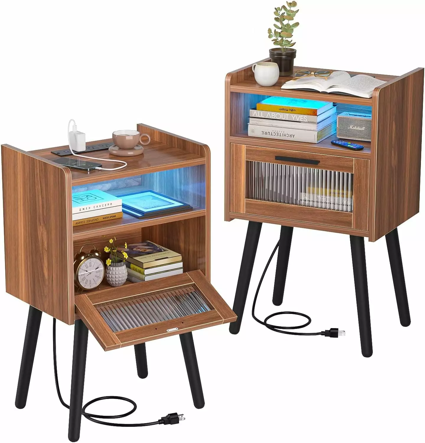 HAIOOU Set of 2 Mid Century Nightstand with Charging Station-Walnut