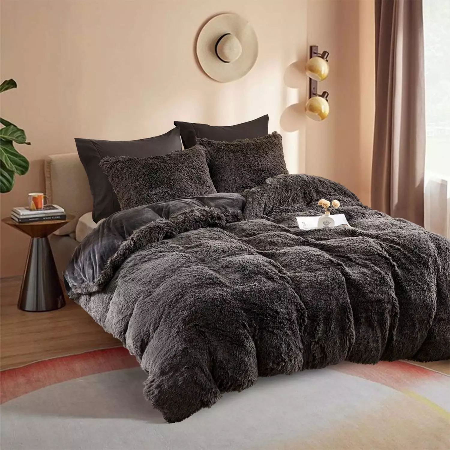 HAOK 5 PCS Shaggy Duvet Cover Bedding Set - Fluffy Comforter Cover Long Faux Fur Luxury Ultra Soft Cozy (Dark Gray. Queen)