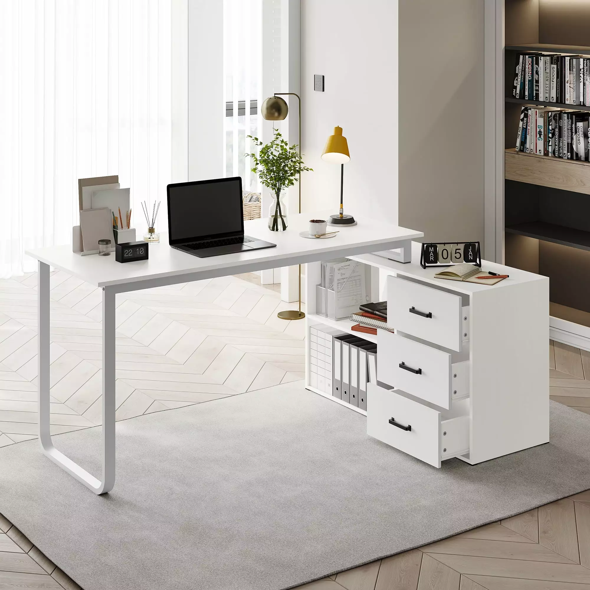 HLR 55 L Shaped Computer Desk with 3 Drawers and Shelf. Large Home Office Corner Folding Desk