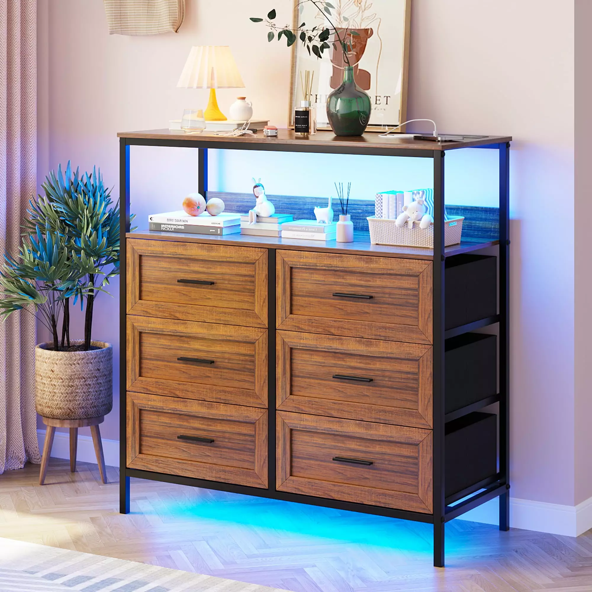 HNEBC Dresser for Bedroom with Charging Station and Human Sensor. 6 Large Drawers Dresser with LED Lights. Wide Chest of Drawers with Open Shelf. Dresser for Living Room. Closet. Brown