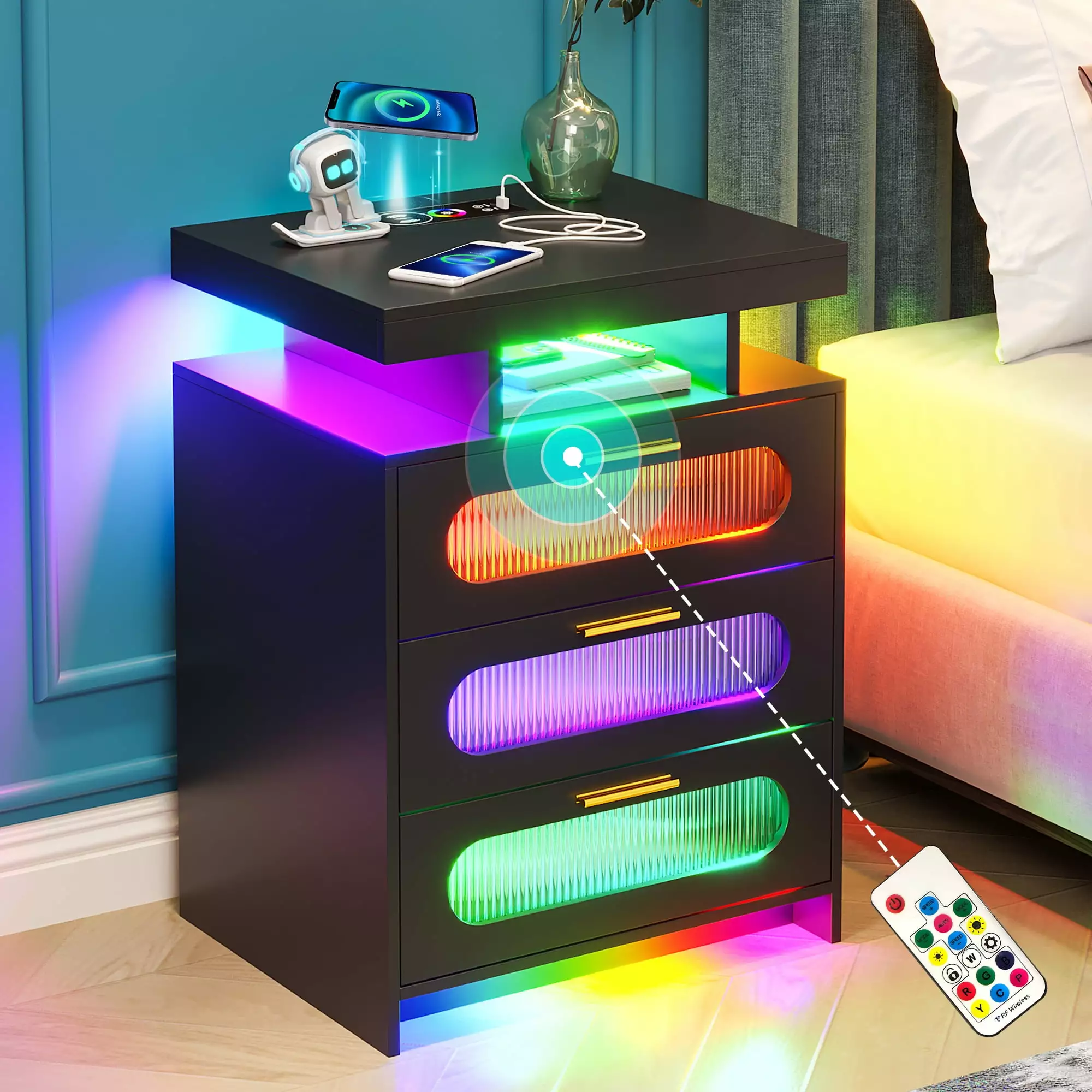 HNEBC LED Nightstand. Black Night Stand with Charging Station. Modern Bedside Table has 3 Drawer for Bedroom Furniture. RGB Lights End Side Table with Body Sensor