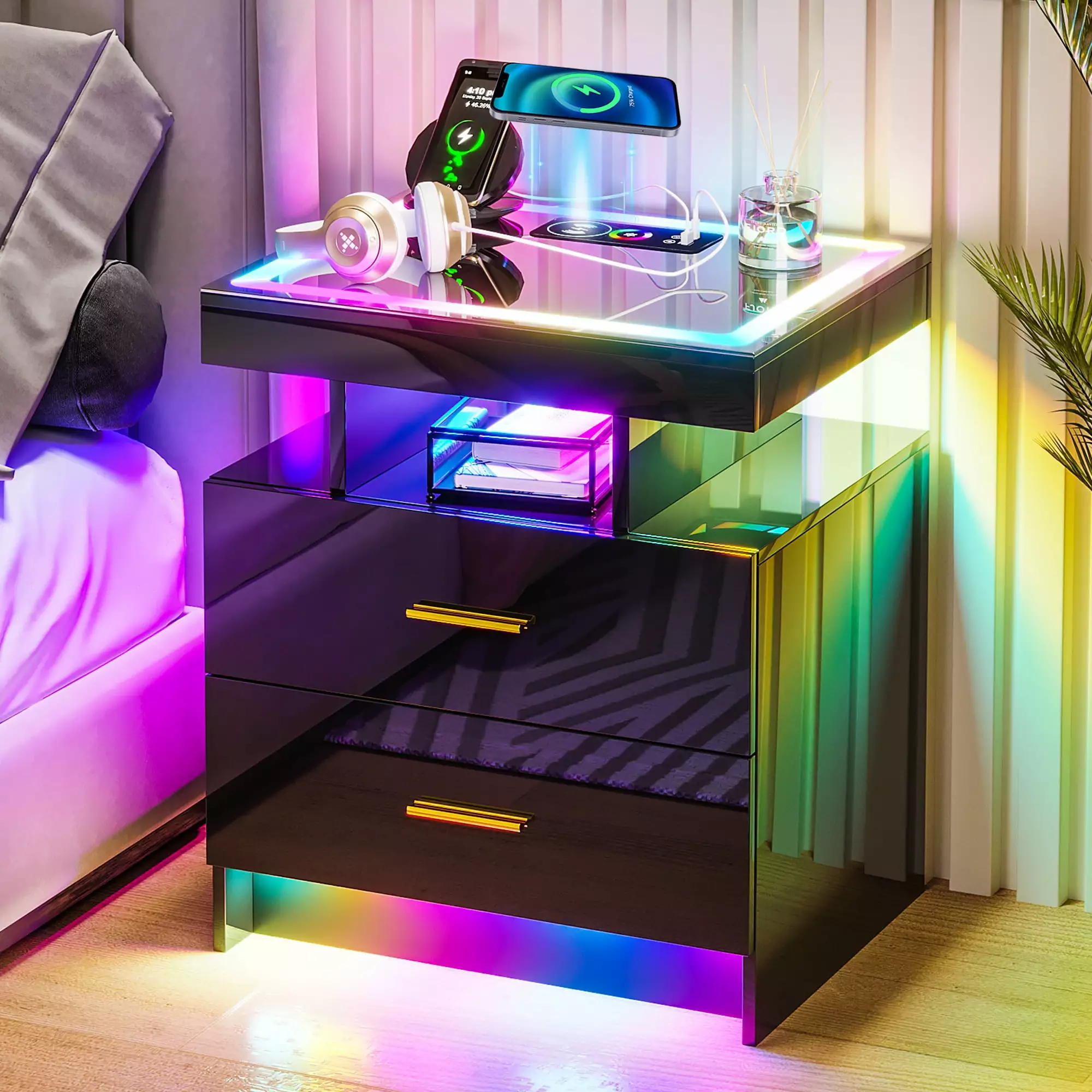 HNEBC RGB LED Nightstand with Wireless Charging Station & USB Ports. High Gloss Smart Night Stand with Drawer and Dynamic Lighting. Modern Bedside Tables for Bedroom. End Table