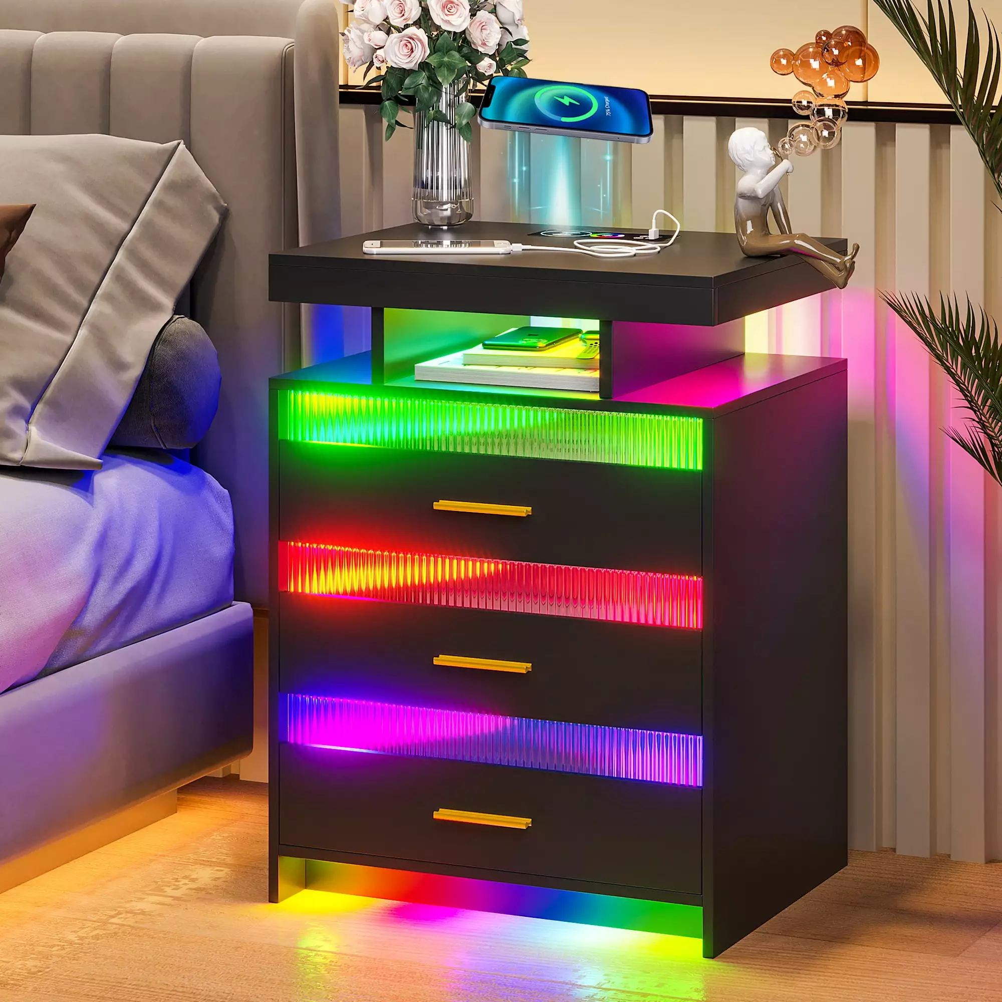 HNEBC RGB LED Nightstand with Charging Station. 3 Drawer Modern Night Stand. Smart Bedside Table for Bedroom