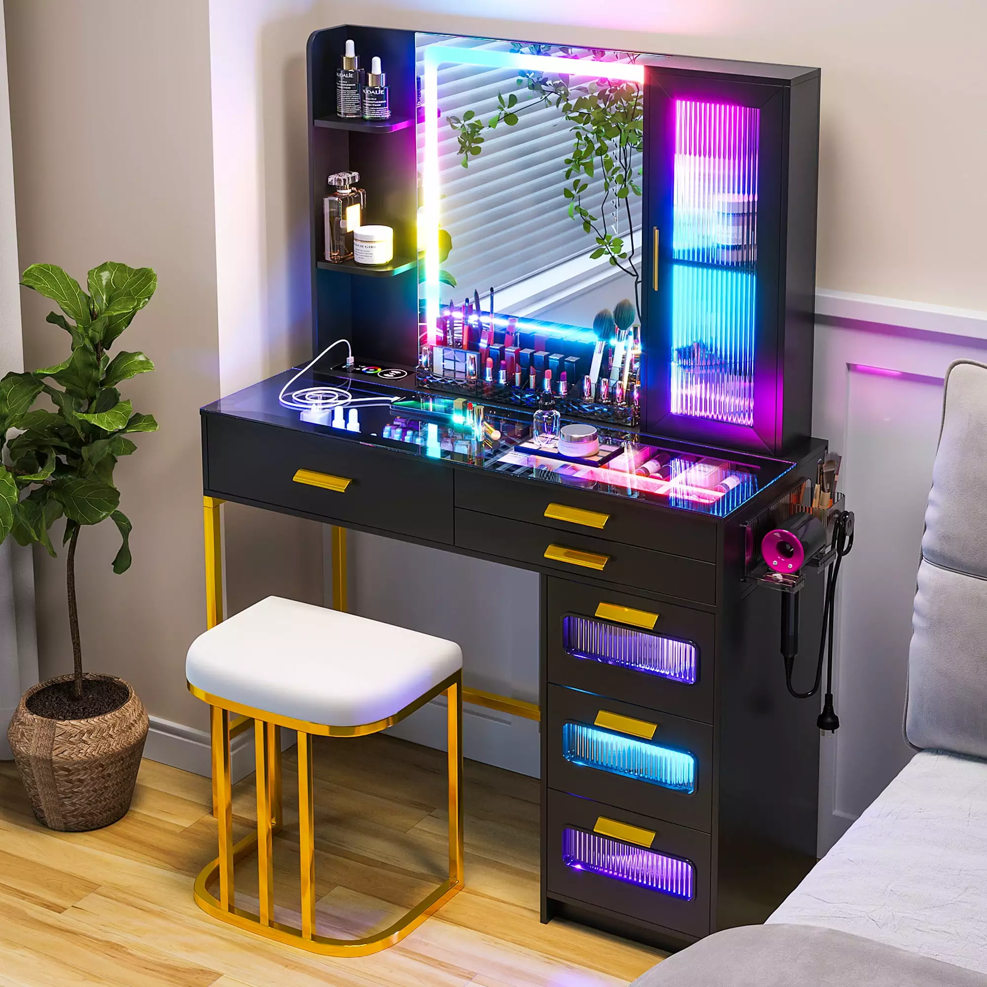 HNEBC RGB Vanity Desk with Lights. Glass Top Makeup Desk with Wireless Charging Station. Dressing Table Set with Stool/6 Drawers. Makeup Vanity with Dazzling Lights and Mirror.Dressing Table (Black)