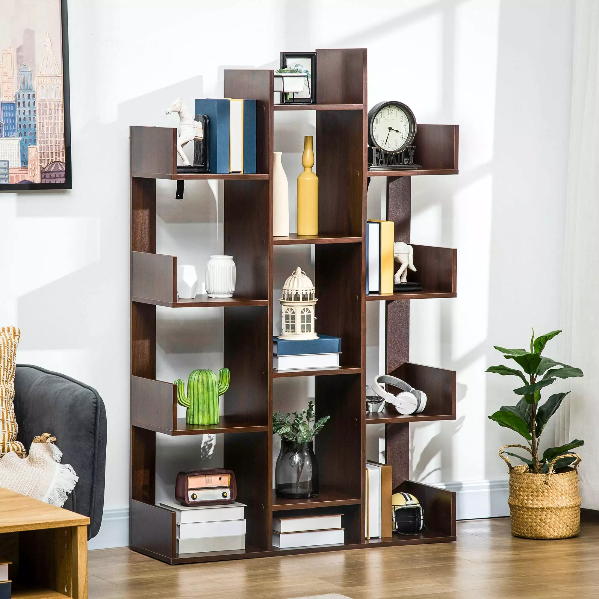 HOMCOM Tree Bookshelf. Modern Freestanding Bookcase with 13 Open Shelves. Display Unit for Living Room. Study or Office. Brown